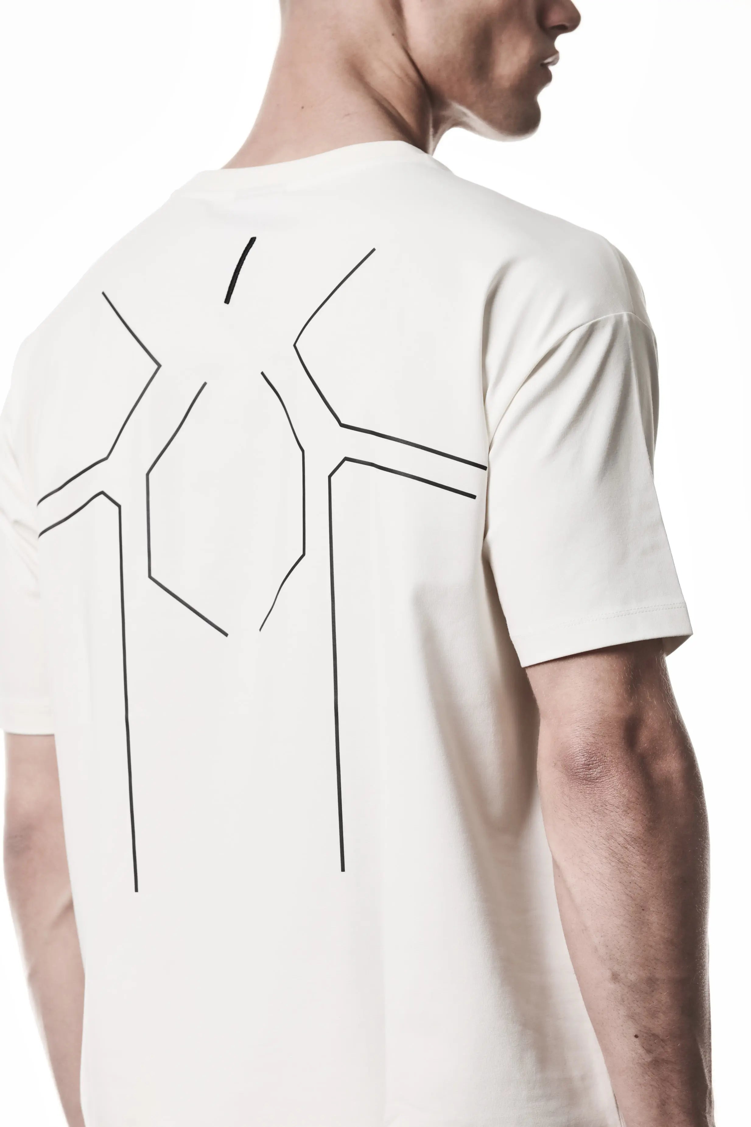 Thom Krom, Mens T-Shirt, White, Cotton Elastane/Spandex, Short Sleeves, 100% Cotton, Reflective Print, Back Print, 3/4 Back View. 