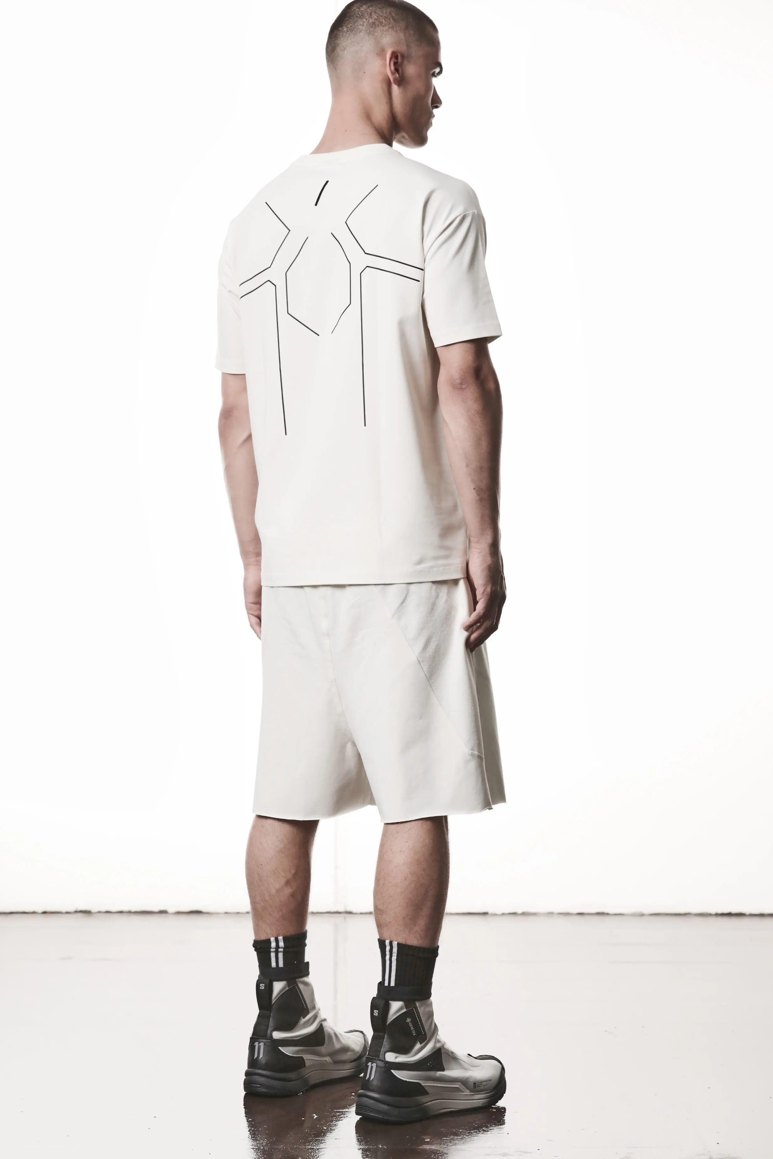 Thom Krom, Mens T-Shirt, White, Cotton Elastane/Spandex, Short Sleeves, 100% Cotton, Reflective Print, Back Print, 3/4 Back View Full Body. 