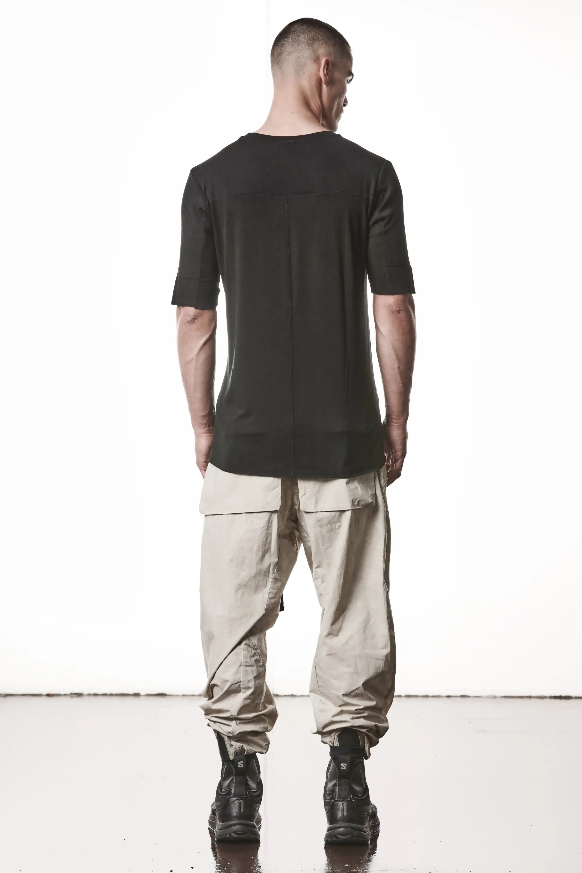 Thom Krom T-Shirt,Mens T-Shirt,Light And Stretch Modal T-Shirt,Raw Cut Hem,Signature Back Seam,Crew Neck,Double Layer Short Sleeves With Tone-On-Tone Ribbed Cotton And Linen Jersey Insert, Full Body Backside Photo