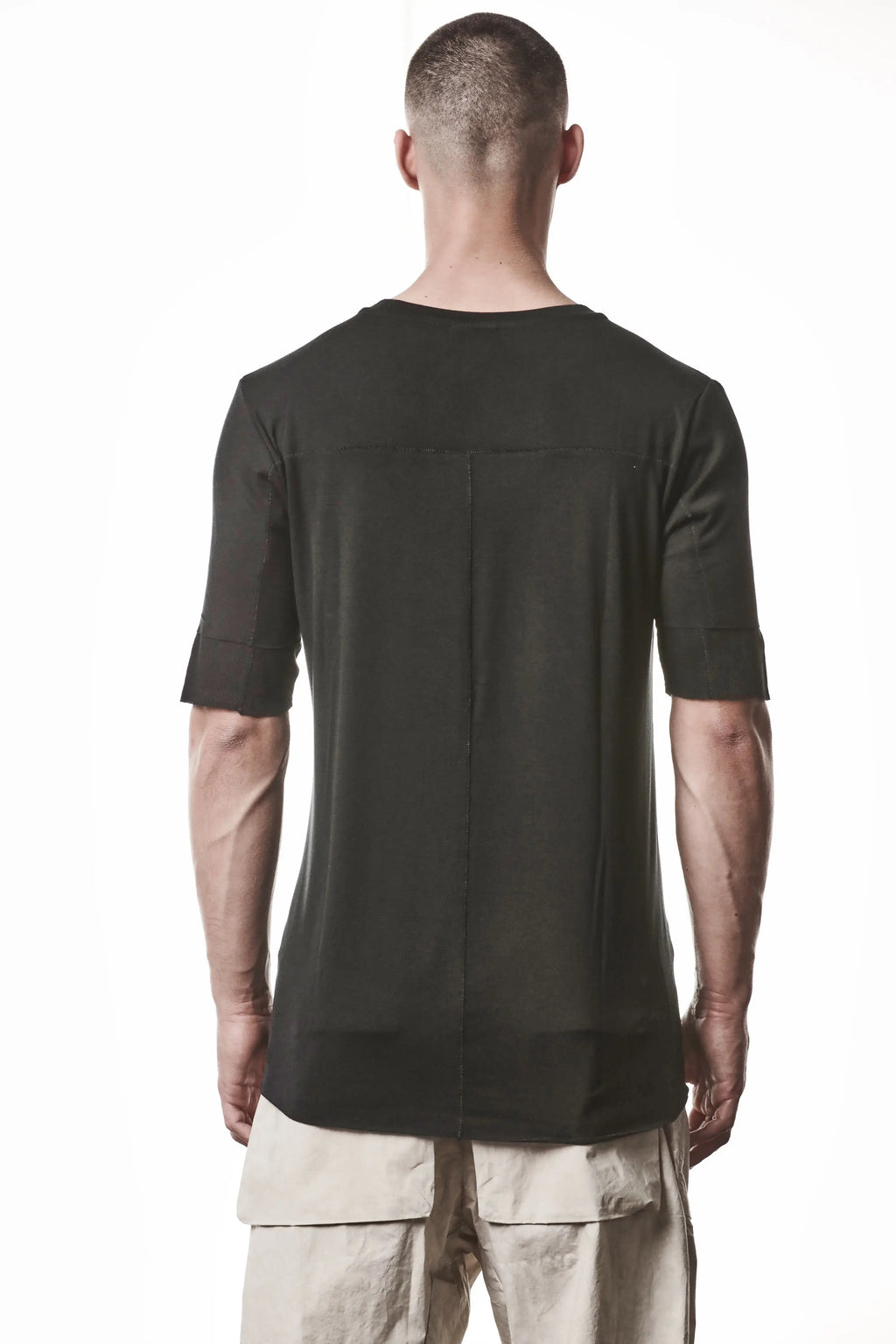Thom Krom T-Shirt,Mens T-Shirt,Light And Stretch Modal T-Shirt,Raw Cut Hem,Crew Neck,Double Layer Short Sleeves With Tone-On-Tone Ribbed Cotton And Linen Jersey Insert, Signature Back Seam,Backside Upper Body
