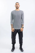 Thom Krom T-Shirt,Mens T-Shirt,Round Neck,Three-Quarter Sleeve T-Shirt,Raw Cut Hem,Cut Seams Outside With Contrast Design Stitchings,Raw Hem Cuffs,Structured Soft Jersey Material,Full Body.