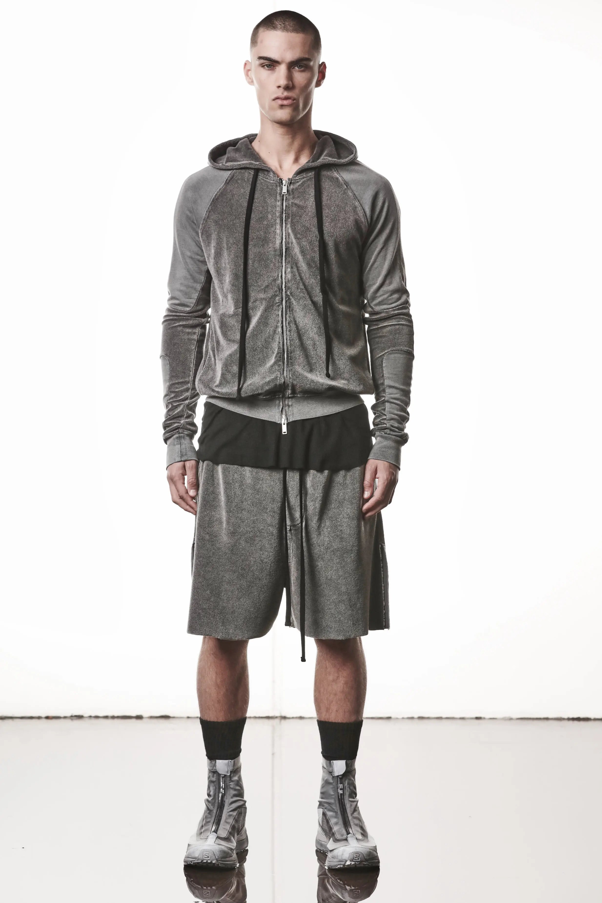 Thom Krom Hoodie,Mens Hoodie,Hood,Hood Drawstrings,Two Way Zip Closure,Slim Fit,Rib Cuffs and Hem,Used Gray Color,Exposed Seam Details On The Back,Tonal Design Stichings,Whole Body Photo