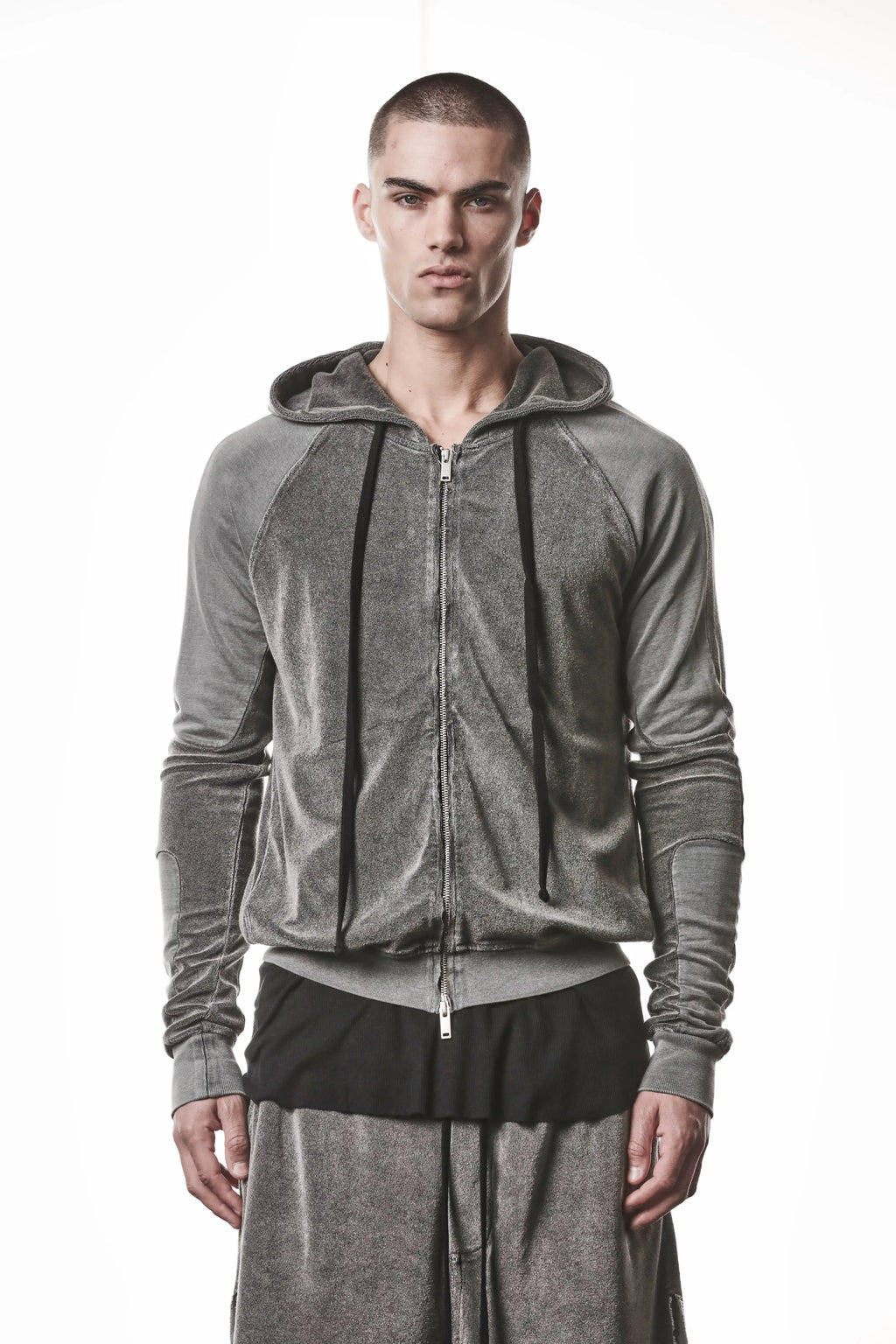 Thom Krom Hoodie,Mens Hoodie,Hood,Hood Drawstrings,Two Way Zip Closure,Slim Fit,Rib Cuffs and Hem,Used Gray Color,Exposed Seam Details On The Back,Tonal Design Stichings,Upper Body Photo