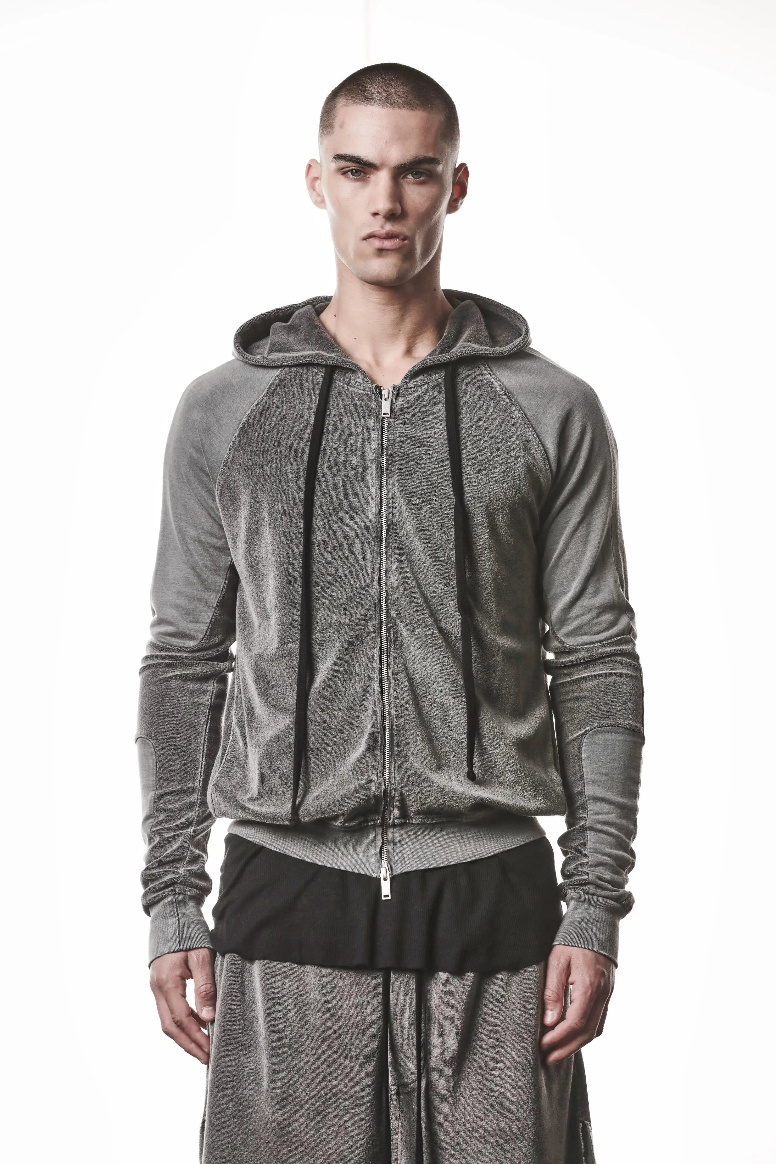 Thom Krom Hoodie,Mens Hoodie,Hood,Hood Drawstrings,Two Way Zip Closure,Slim Fit,Rib Cuffs and Hem,Used Gray Color,Exposed Seam Details On The Back,Tonal Design Stichings,Upper Body Photo