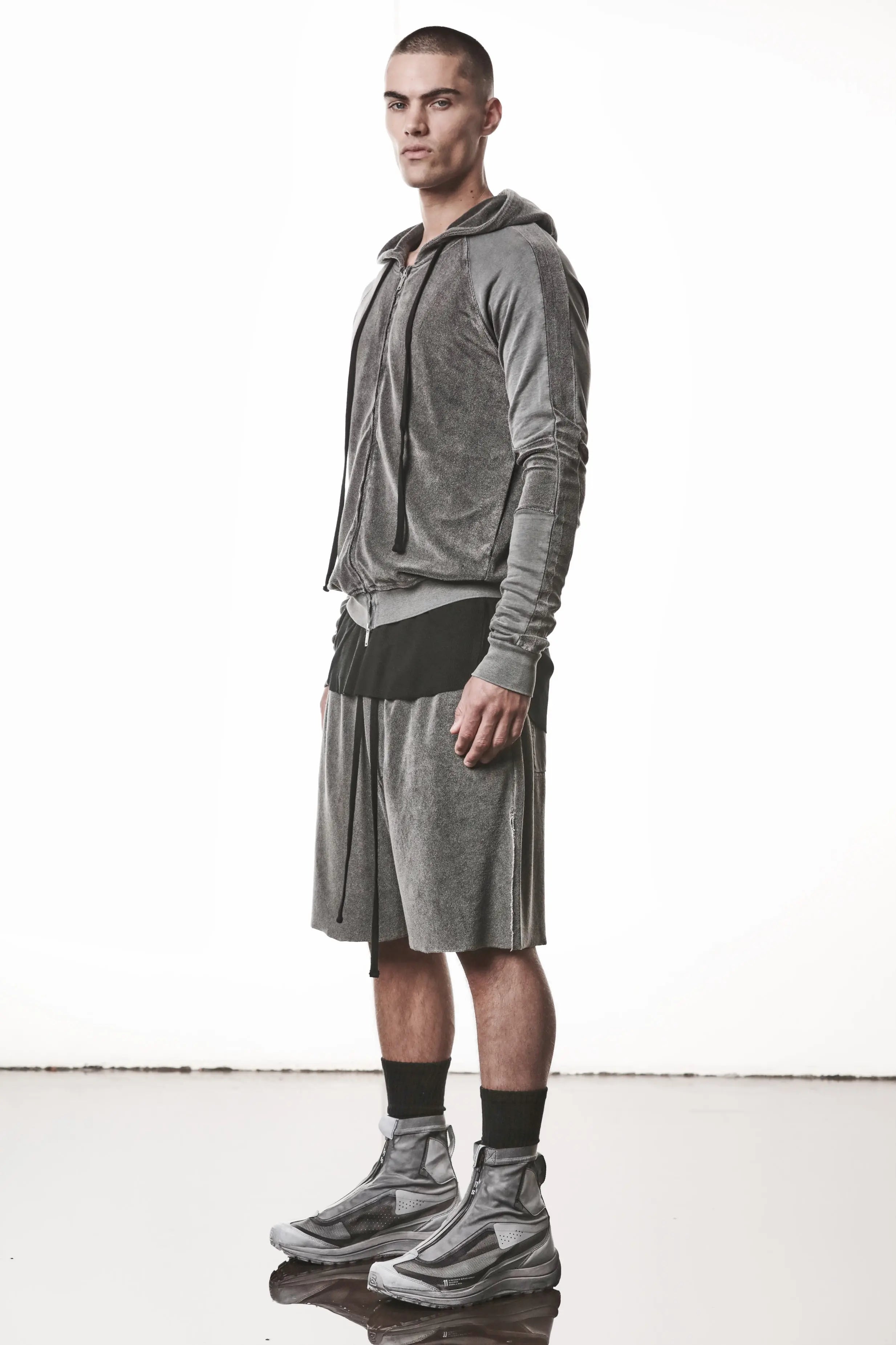Thom Krom Hoodie,Mens Hoodie,Hood,Hood Drawstrings,Two Way Zip Closure,Slim Fit,Rib Cuffs and Hem,Used Gray Color,Exposed Seam Details On The Back,Tonal Design Stichings,Side Angle Whole Body Photo