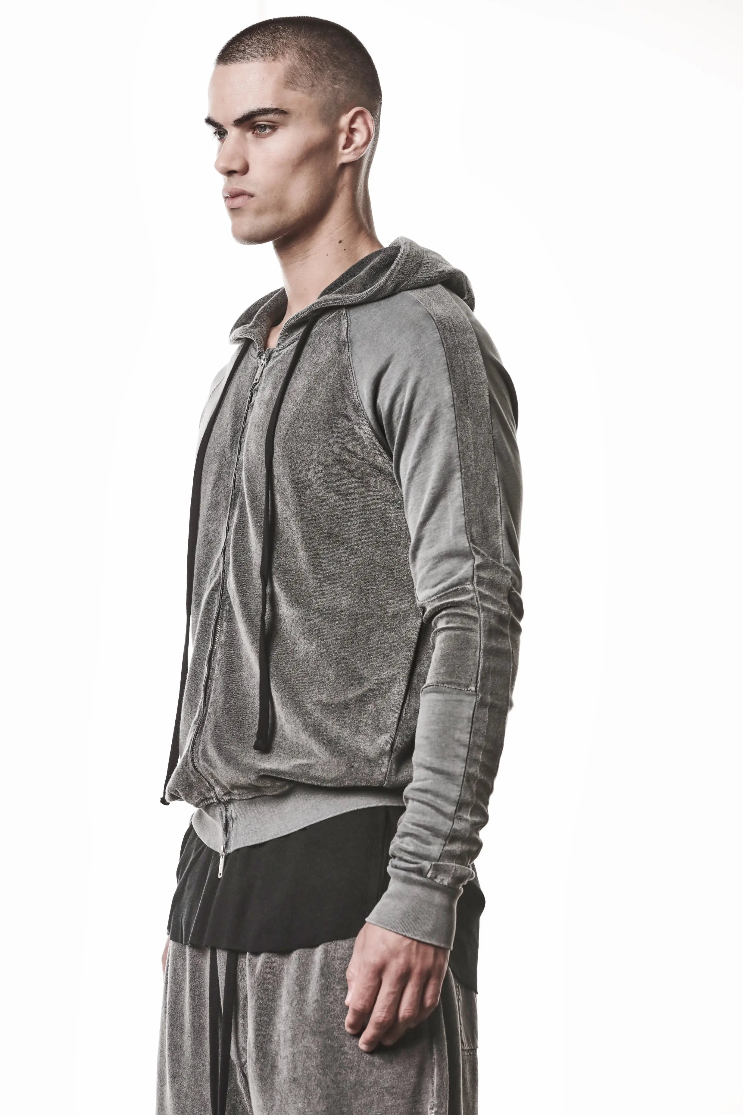 Thom Krom Hoodie,Mens Hoodie,Hood,Hood Drawstrings,Two Way Zip Closure,Slim Fit,Rib Cuffs and Hem,Used Gray Color,Exposed Seam Details On The Back,Tonal Design Stichings,Sideangle Upper Body Photo