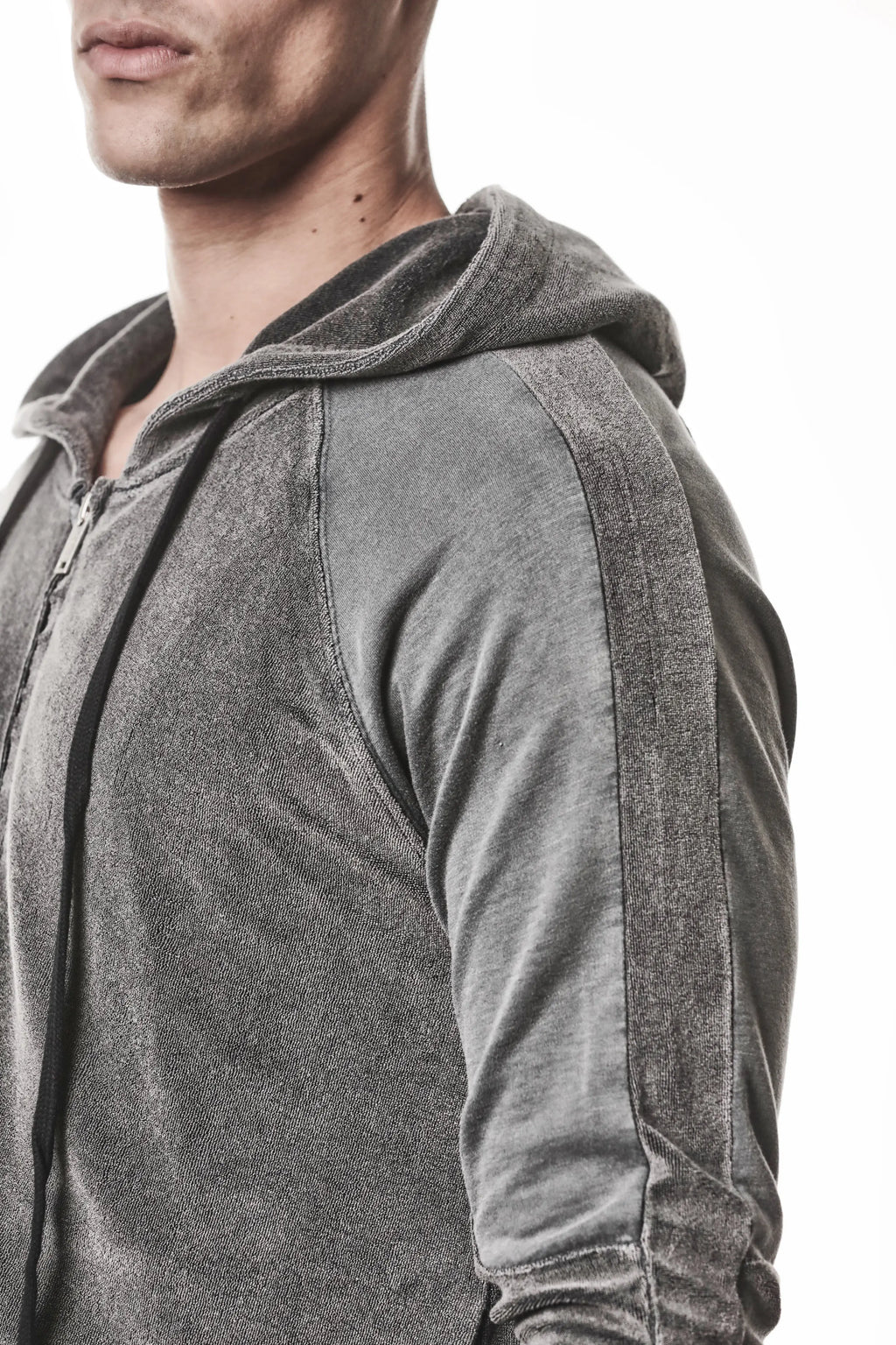 Thom Krom Hoodie,Mens Hoodie,Hood,Hood Drawstrings,Two Way Zip Closure,Slim Fit,Rib Cuffs and Hem,Used Gray Color,Exposed Seam Details On The Back,Tonal Design Stichings,Close Up Side Angle Photo