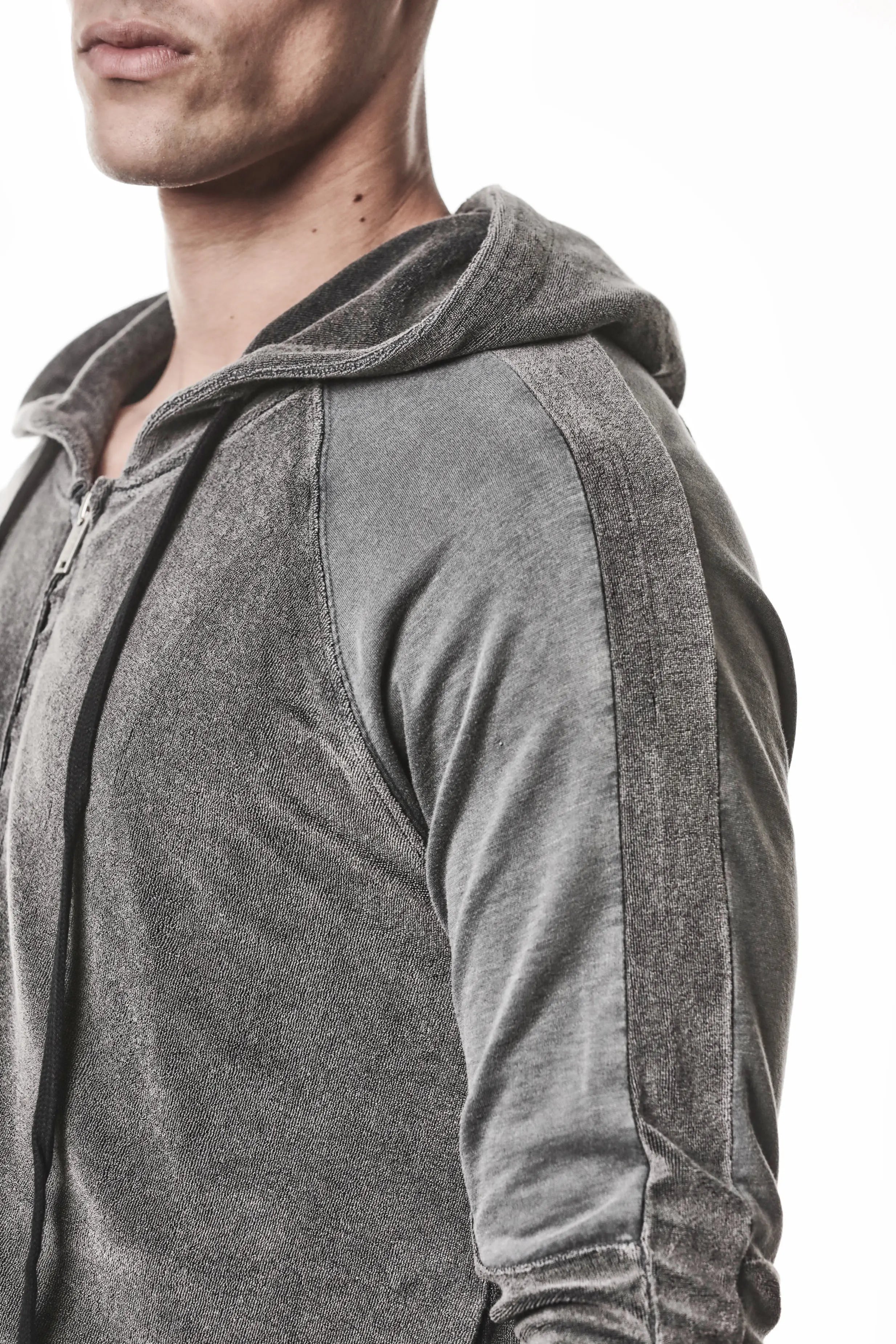 Thom Krom Hoodie,Mens Hoodie,Hood,Hood Drawstrings,Two Way Zip Closure,Slim Fit,Rib Cuffs and Hem,Used Gray Color,Exposed Seam Details On The Back,Tonal Design Stichings,Close Up Side Angle Photo