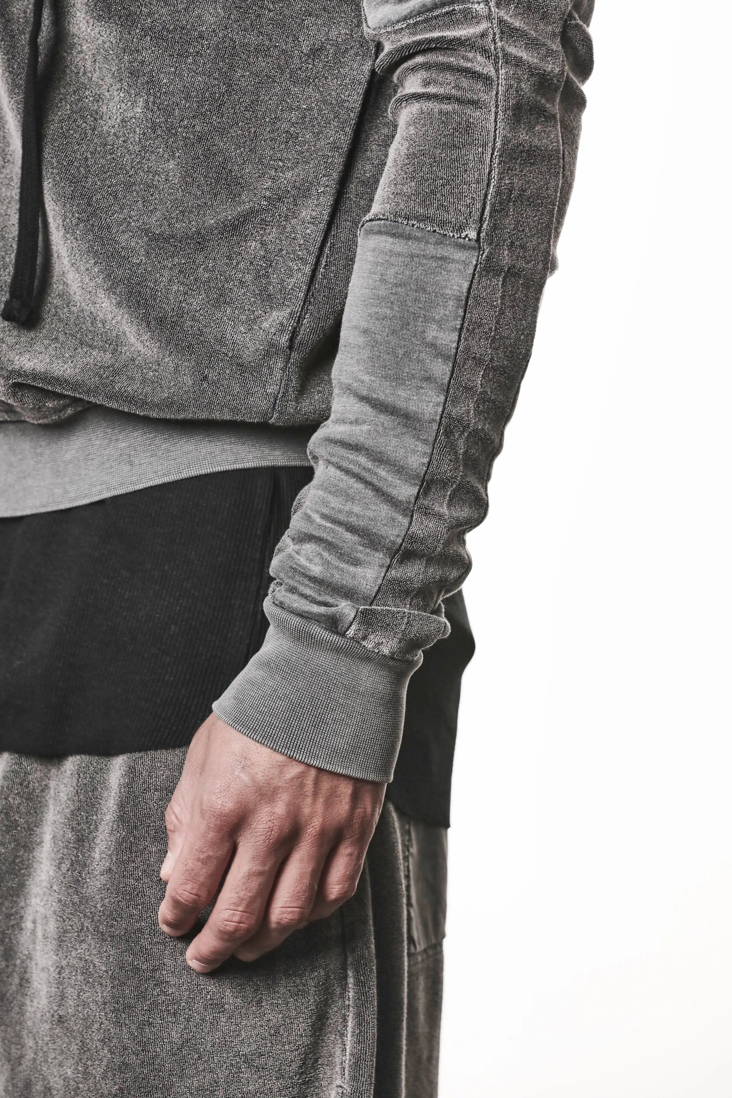 Thom Krom Hoodie,Mens Hoodie,Hood,Hood Drawstrings,Two Way Zip Closure,Slim Fit,Rib Cuffs and Hem,Used Gray Color,Exposed Seam Details On The Back,Tonal Design Stichings,Detailed Photo Side Angle