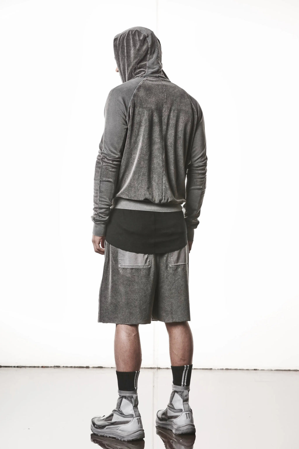 Thom Krom Hoodie,Mens Hoodie,Hood,Hood Drawstrings,Two Way Zip Closure,Slim Fit,Rib Cuffs and Hem,Used Gray Color,Exposed Seam Details On The Back,Tonal Design Stichings,Backside Whole Body Photo