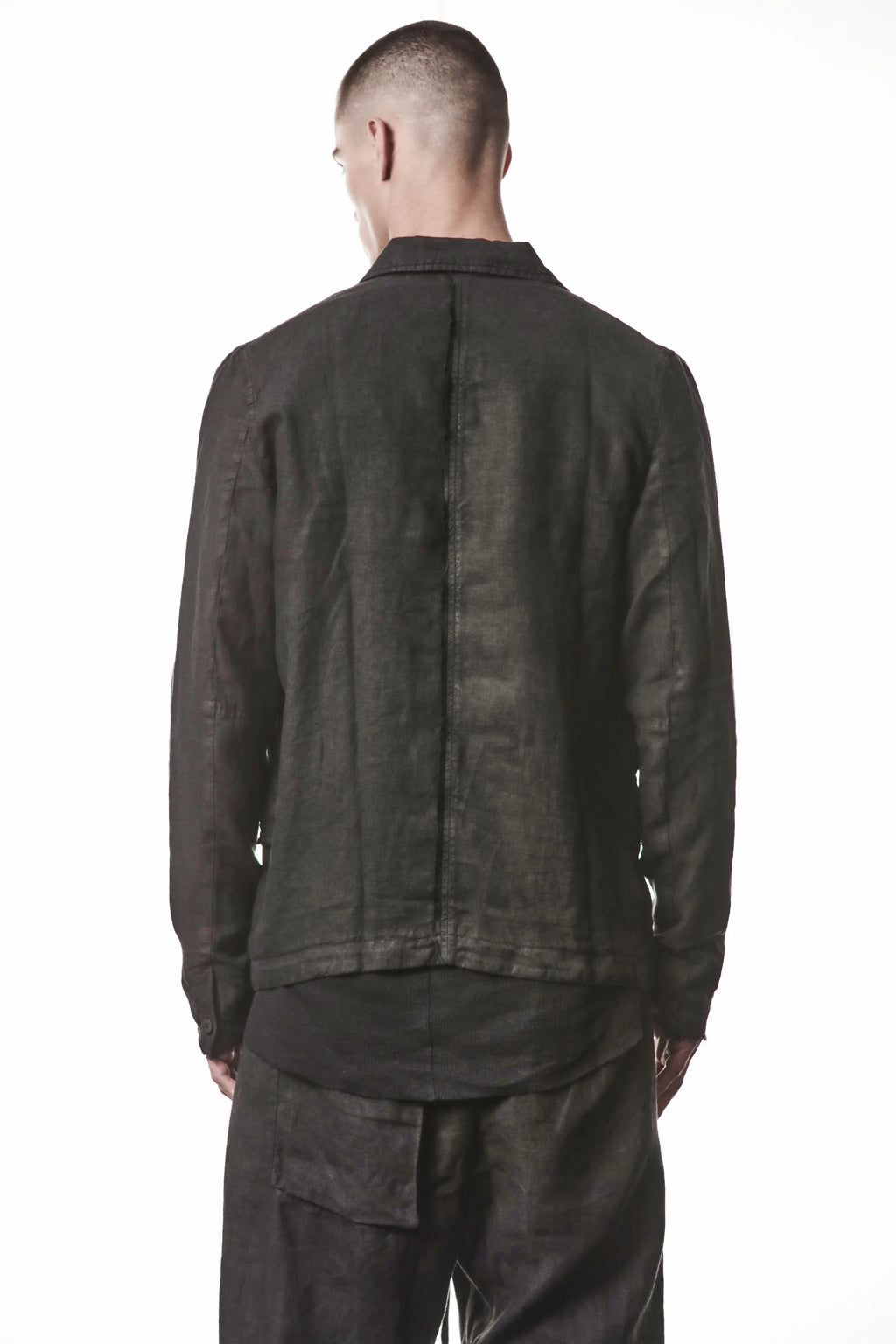 Thom Krom, Mens Blazer, Black, 100% Linen Shell, Cotton & Polyester/Viscose Linings, 3-button closure, Flap Pockets, Hidden Inner Pockets, Relaxed Detailing, Woven Fabric, Back Portrait View. 