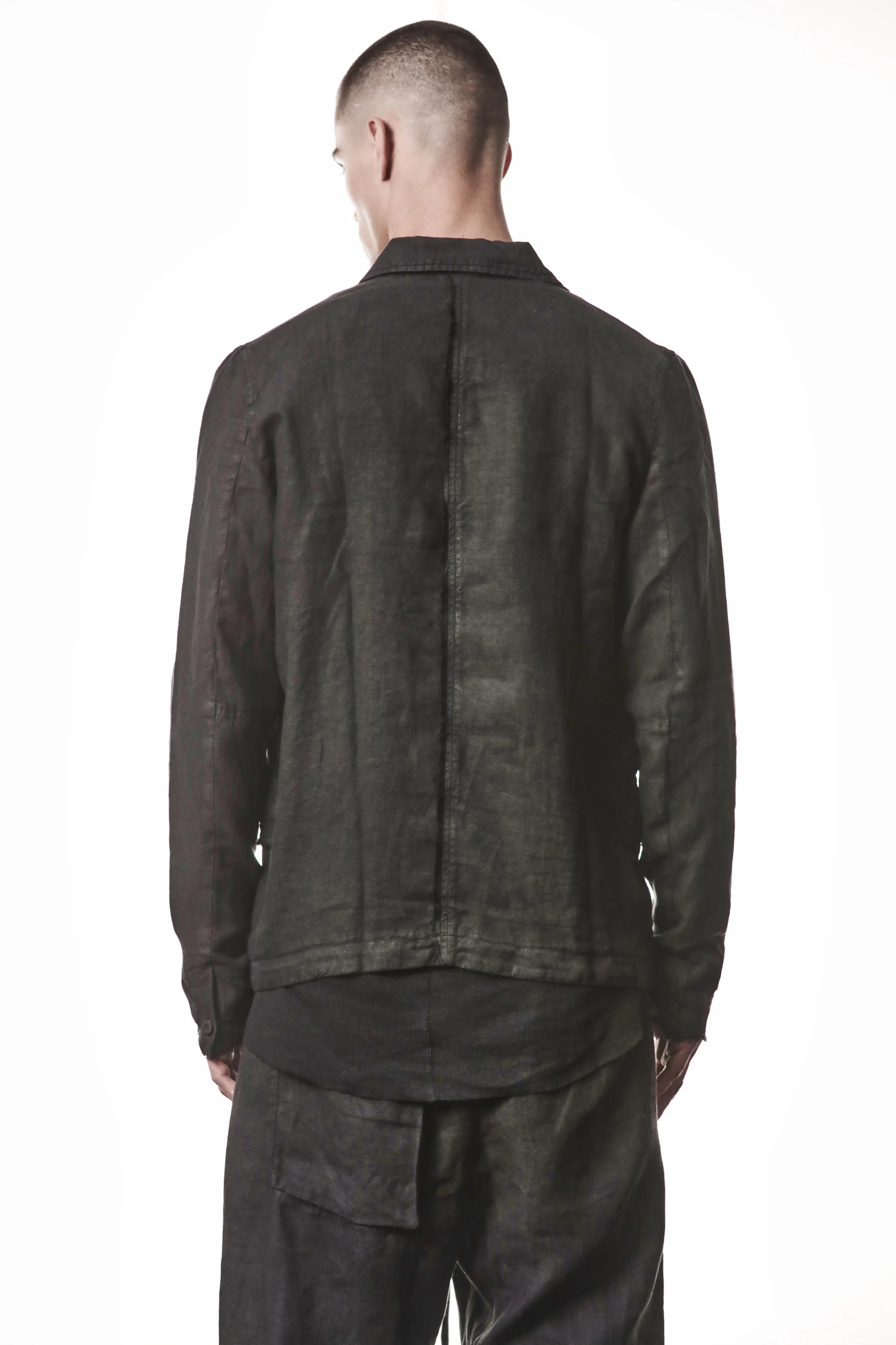 Thom Krom, Mens Blazer, Black, 100% Linen Shell, Cotton & Polyester/Viscose Linings, 3-button closure, Flap Pockets, Hidden Inner Pockets, Relaxed Detailing, Woven Fabric, Back Portrait View. 