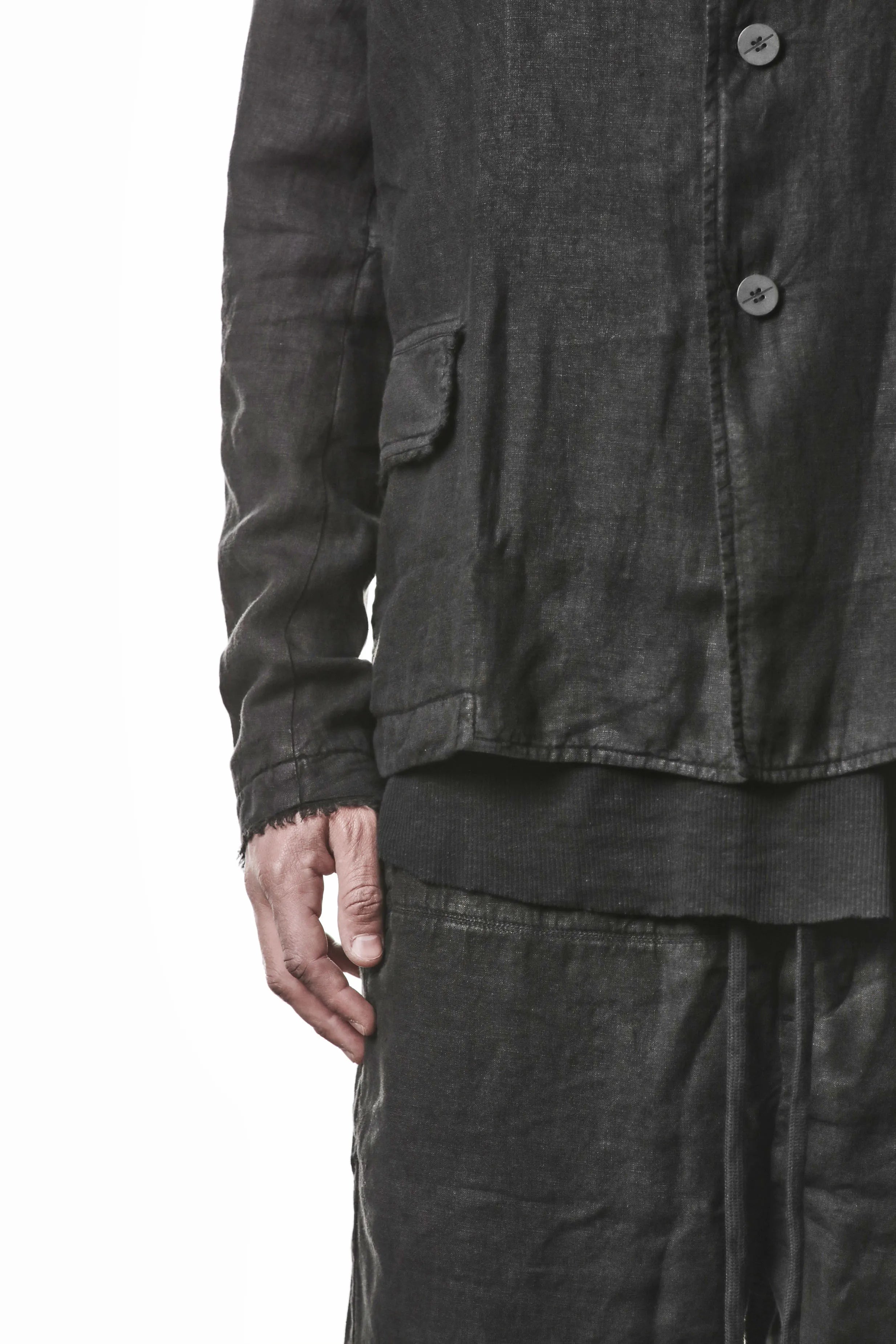Thom Krom, Mens Blazer, Black, 100% Linen Shell, Cotton & Polyester/Viscose Linings, 3-button closure, Flap Pockets, Hidden Inner Pockets, Relaxed Detailing, Woven Fabric, Side Pockets and Top length Close-up. 