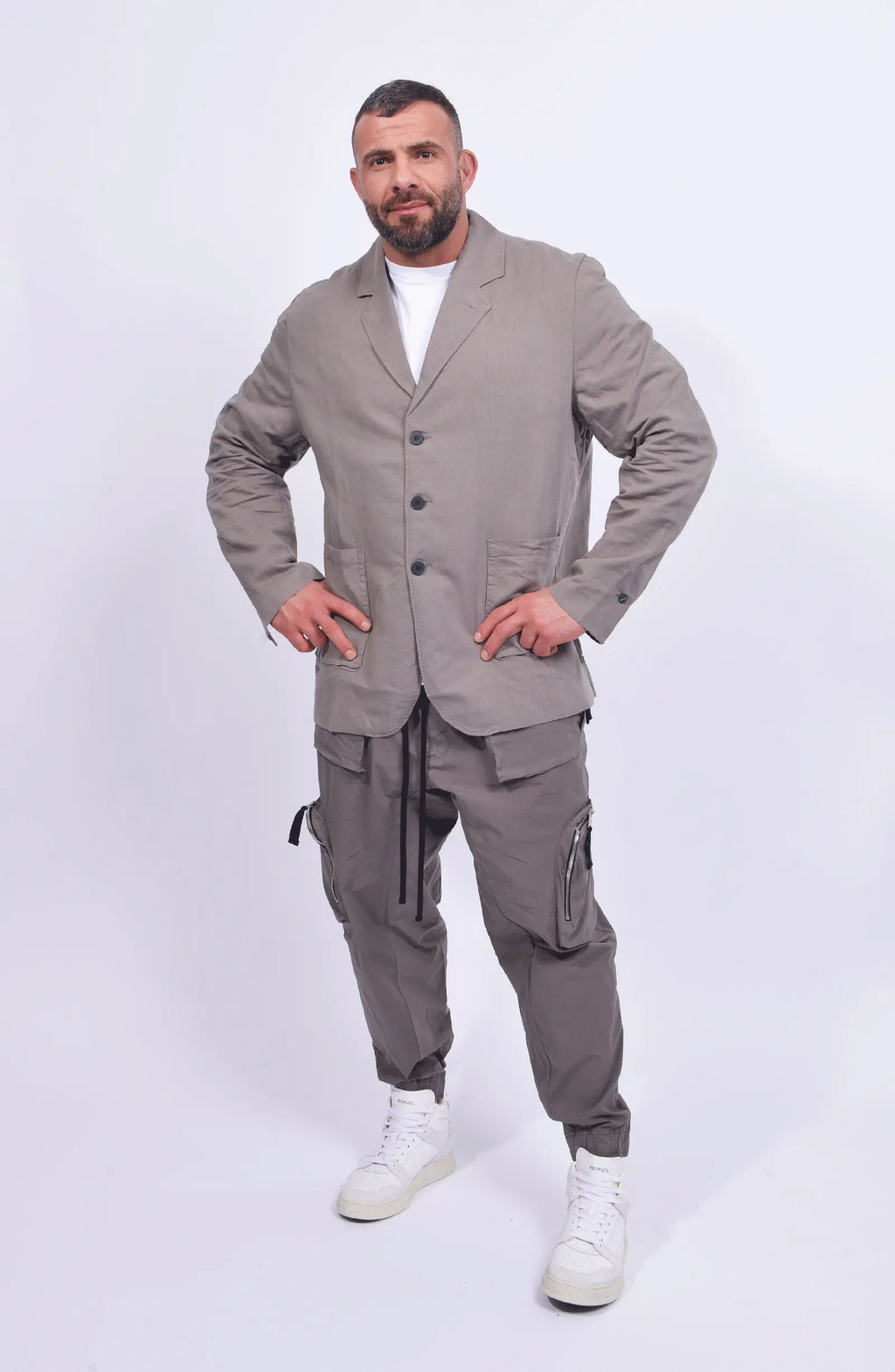 Thom Krom, Mens Blazer, Black, Buttons, V-Neck, Collar, Patch Pockets, Long Sleeves, White T-Shirt, Side Pockets, Slit in Back, Woven, Full Body Front View. 