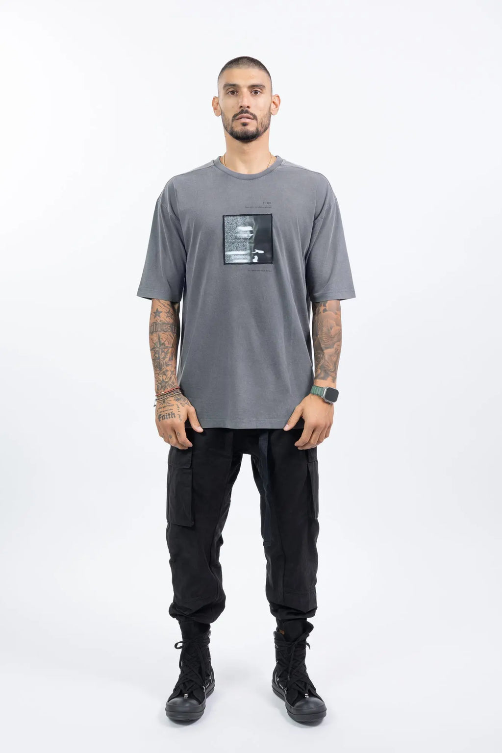 Thom Krom,Mens T-Shirt,Round Crewneck With Ribbed Fabric,Loose Fit,Front Printed Graphic Logo Patch,Dropped Shoulders,Double Stitched Hem And Cuffs, Front View.
