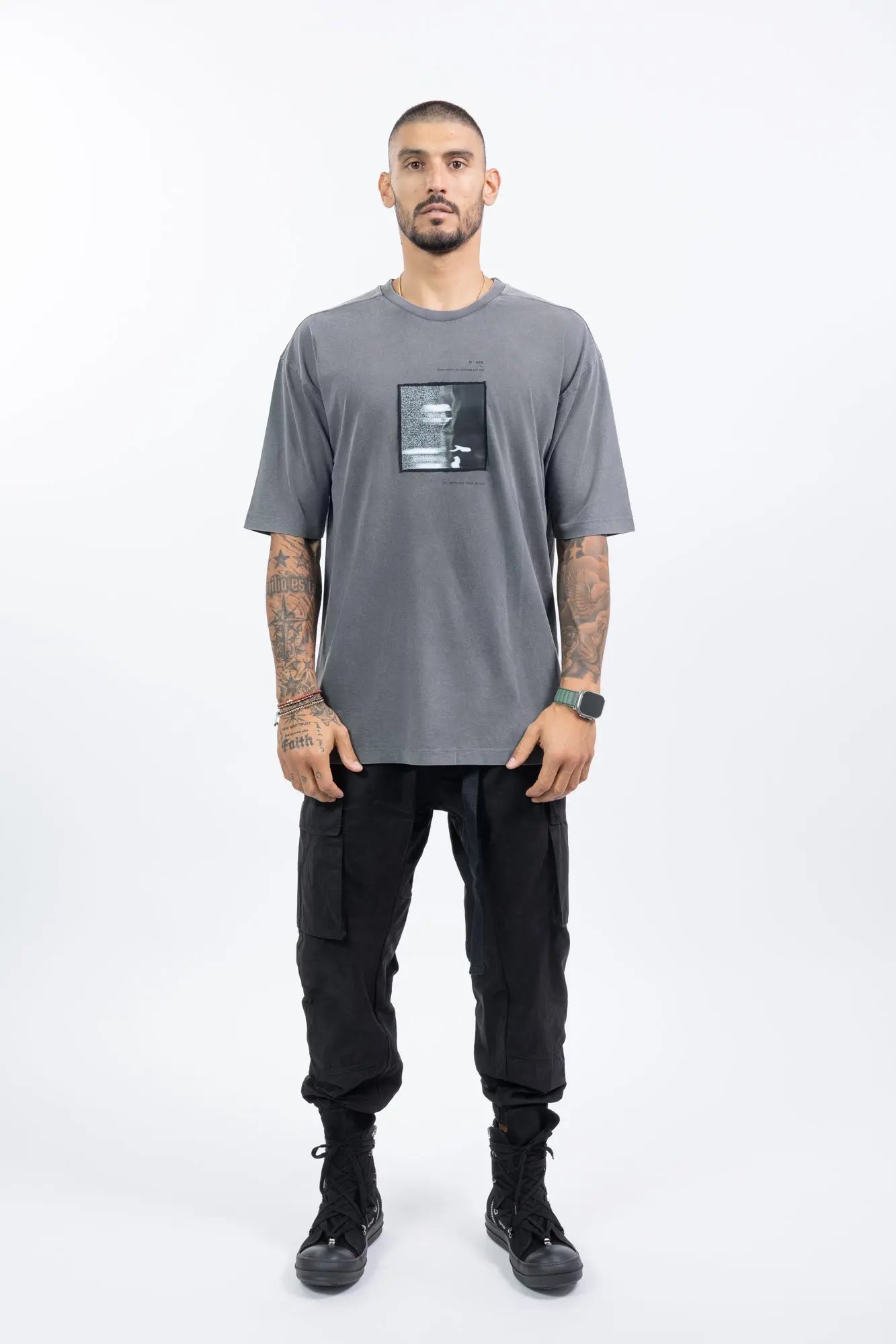 Thom Krom,Mens T-Shirt,Round Crewneck With Ribbed Fabric,Loose Fit,Front Printed Graphic Logo Patch,Dropped Shoulders,Double Stitched Hem And Cuffs, Front View.