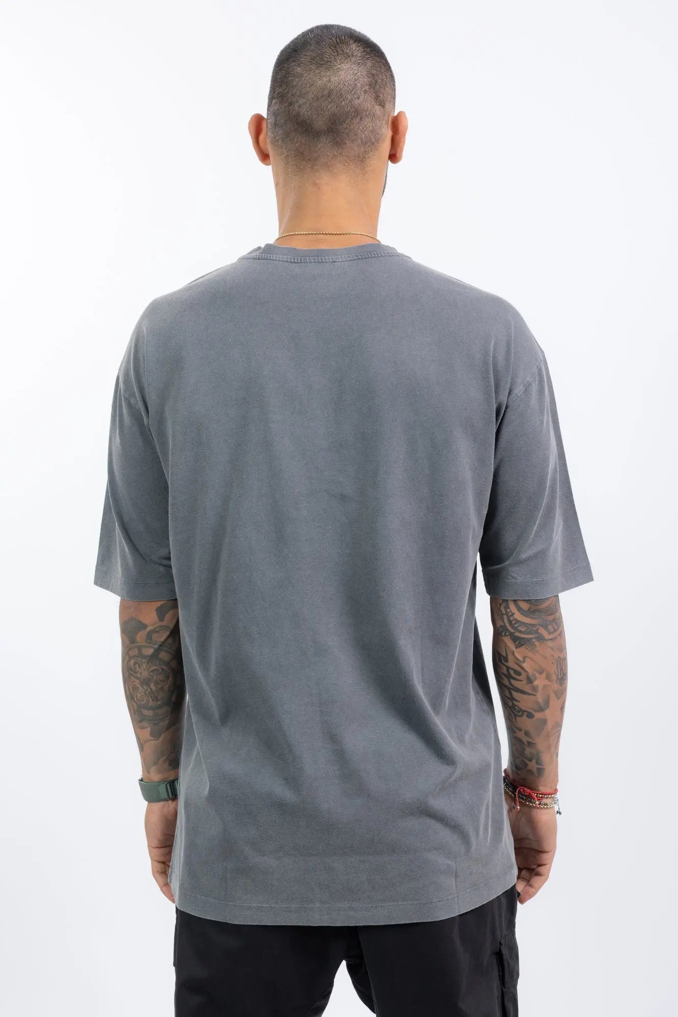 Thom Krom,Mens T-Shirt,Round Crewneck With Ribbed Fabric,Loose Fit,Front Printed Graphic Logo Patch,Dropped Shoulders,Double Stitched Hem And Cuffs, Back View.