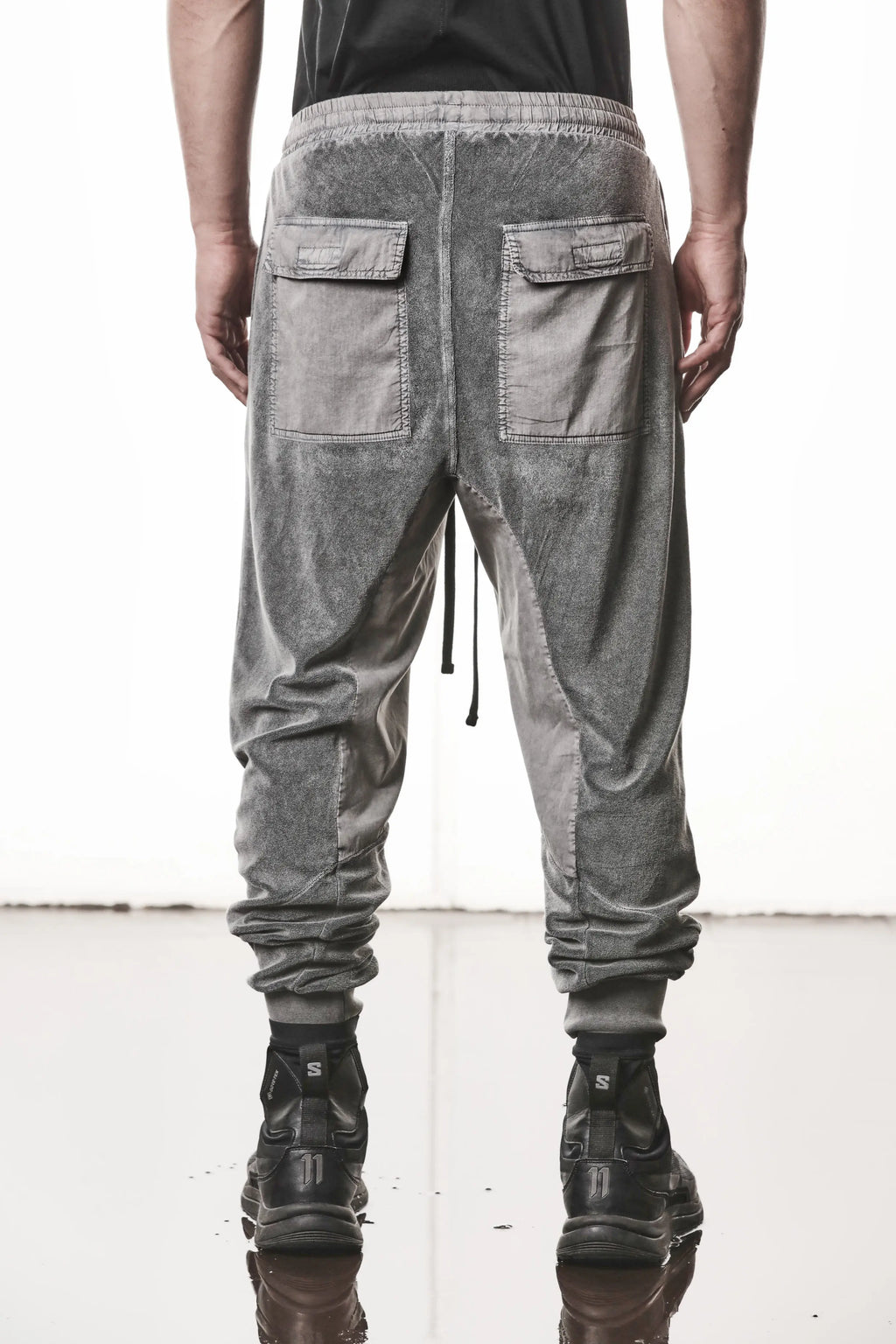Thom Krom Pants,Mens Pants,Drop-Crotch,Tapered Leg,Woven Stretch Cotton Inserts,Ribbed Cuffs,Elasticated Waistband With Drawstrings,Back Flap Cargo Pockets, Backside Photo