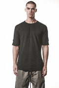Thom Krom T-Shirt,Mens T-Shirt,Black Cotton,Raw Cut Hem,Raw Cut Sleeves,Round Crewneck,Slim Fit, Lightweight Crashed Bonded Cotton, Signature Front Level Shoulder Seams,Asymetric Sleeve Seams,Upper Body Photo