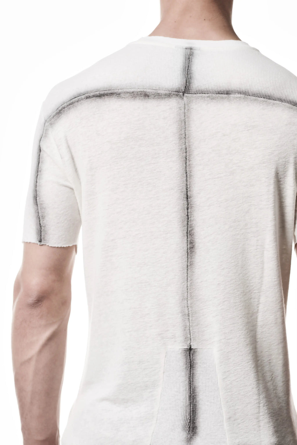 Thom Krom T-Shirt , Mens T-Shirt , Off White Cotton , Raw Cut Hem , Raw Cut Sleeves , Round Crewneck , Slim Fit , Standard Length, Signature Front Level  Shoulders Seams , Vertical Curved Dark Stiching Lines , Backside Dark Stiching Lines ,   Half Body Photo , Linen , Viscose , Cotton , Backside Close Up Body Photo