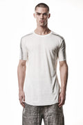 Thom Krom T-Shirt , Mens T-Shirt , Off White Cotton , Raw Cut Hem , Raw Cut Sleeves , Round Crewneck , Slim Fit , Standard Length , Signature Front Level  Shoulders Seams , Vertical Curved Dark Stiching Lines , Half Body Photo , Linen , Viscose , Cotton