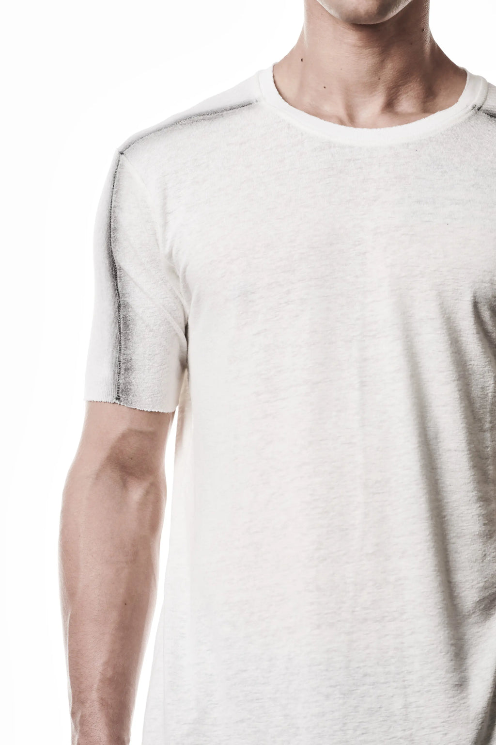 Thom Krom T-Shirt , Mens T-Shirt , Off White Cotton , Raw Cut Hem , Raw Cut Sleeves , Round Crewneck , Slim Fit , Standard Length, Signature Front Level  Shoulders Seams , Vertical Curved Dark Stiching Lines , Half Body Photo , Linen , Viscose , Cotton , Close Up Upper Body Photo