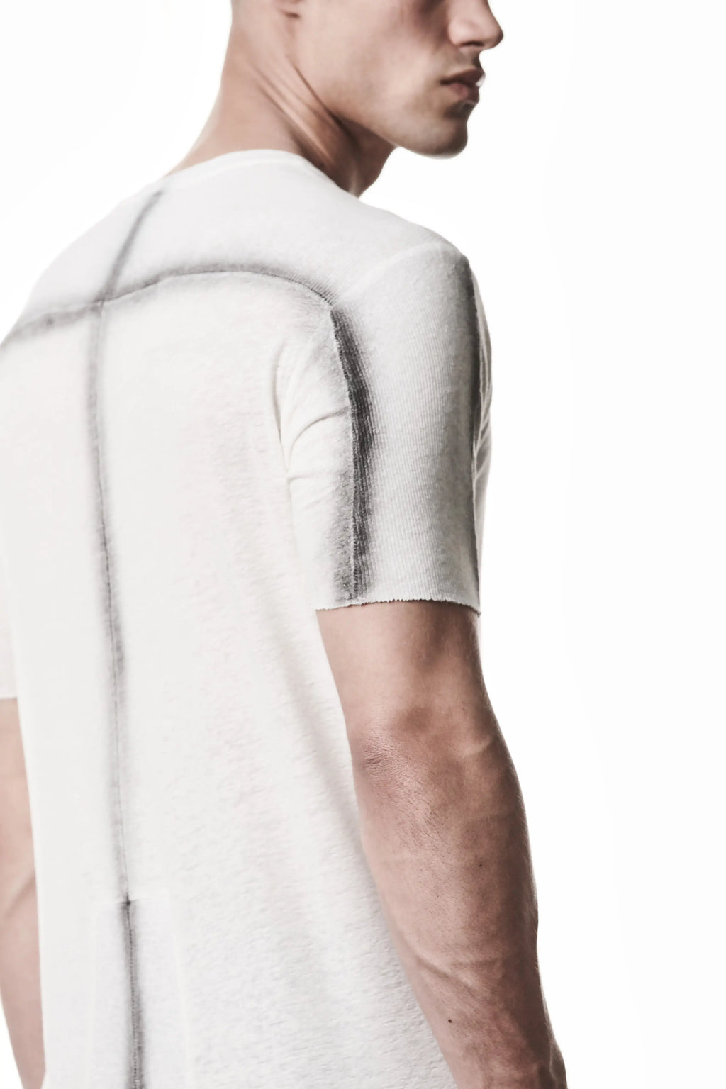 Thom Krom T-Shirt , Mens T-Shirt , Off White Cotton , Raw Cut Hem , Raw Cut Sleeves , Round Crewneck , Slim Fit , Standard Length, Signature Front Level  Shoulders Seams , Vertical Curved Dark Stiching Lines , Backside Dark Stiching Lines ,   Half Body Photo , Linen , Viscose , Cotton , Backside Upper Body Photo