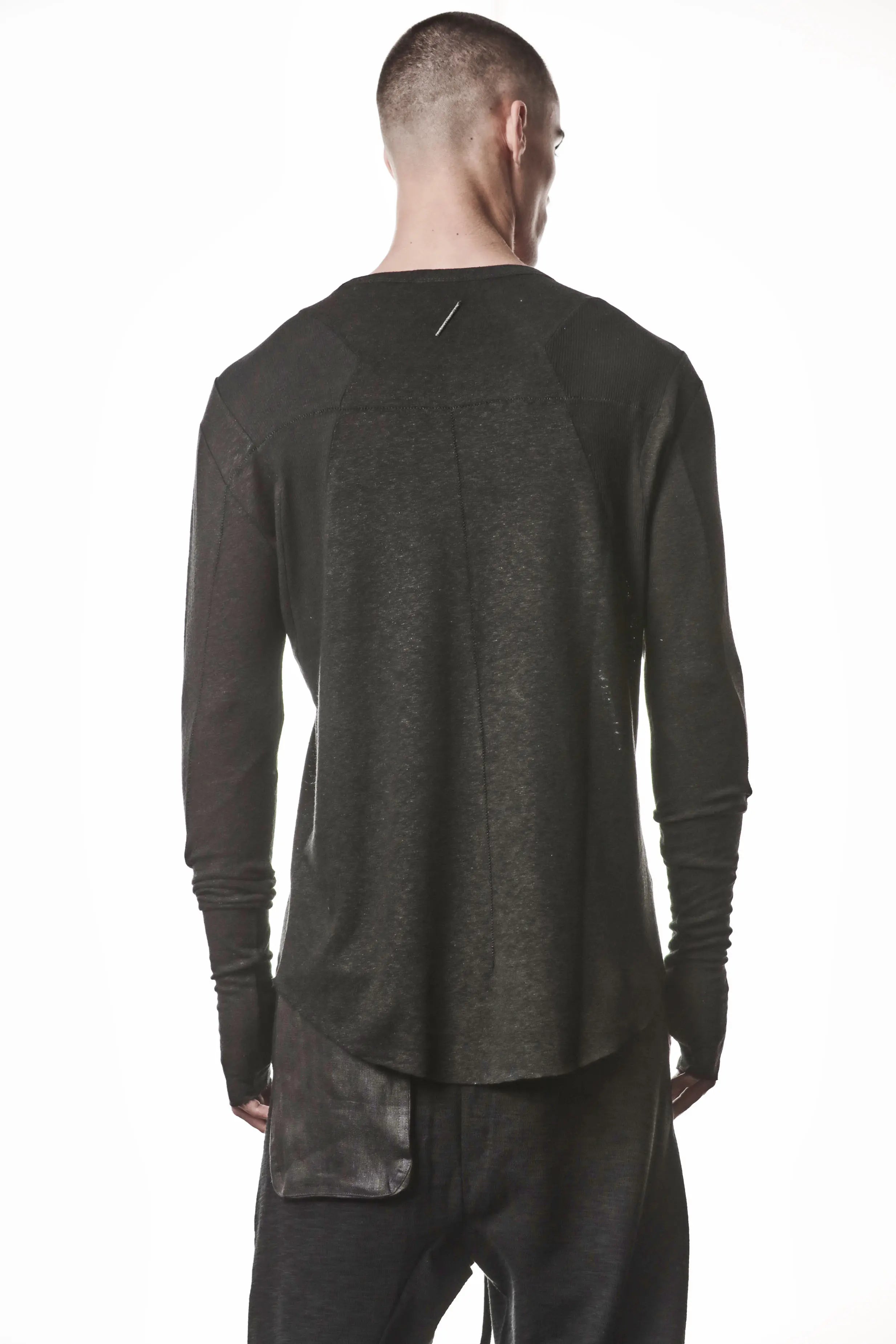 Thom Krom T-Shirt,Mens T-Shirt,Black Cotton,Linen,Viscose,Logo Embroidery, Signature Back Seam, Round Crewneck, Standard Length, Paneled Construction, Аsymmetrical Sleeve Seam, Extended Sleeves, Curved Raw Hem Line, Backside Upper Body Photo