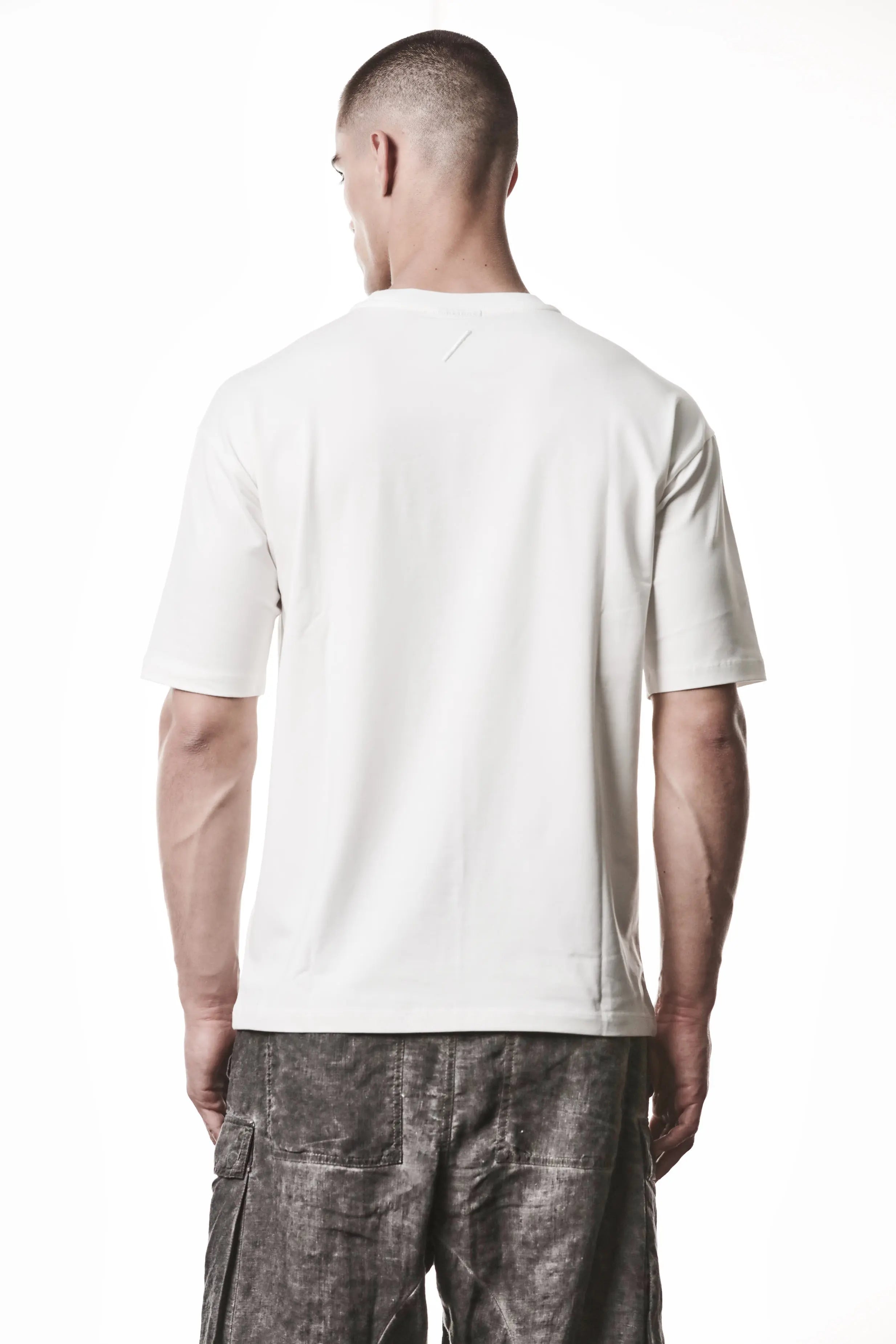 Thom Krom T-Shirt,Mens T-Shirt,Round Crewneck,Relaxed Fit,Logo Embroidery On The Back,Soft Cotton Modal Jersey In Off White,Backside Upper Body Photo