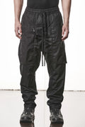 Thom Krom, Mens Pants, Black, Oversized, Wide-fit, Loose-fit, Large Front Pockets, Side Pockets, Back Pockets, Elasticated Waistband, Black Drawstring, Zip Pockets, YKK Zippers, Wide Ankles, Front View. 