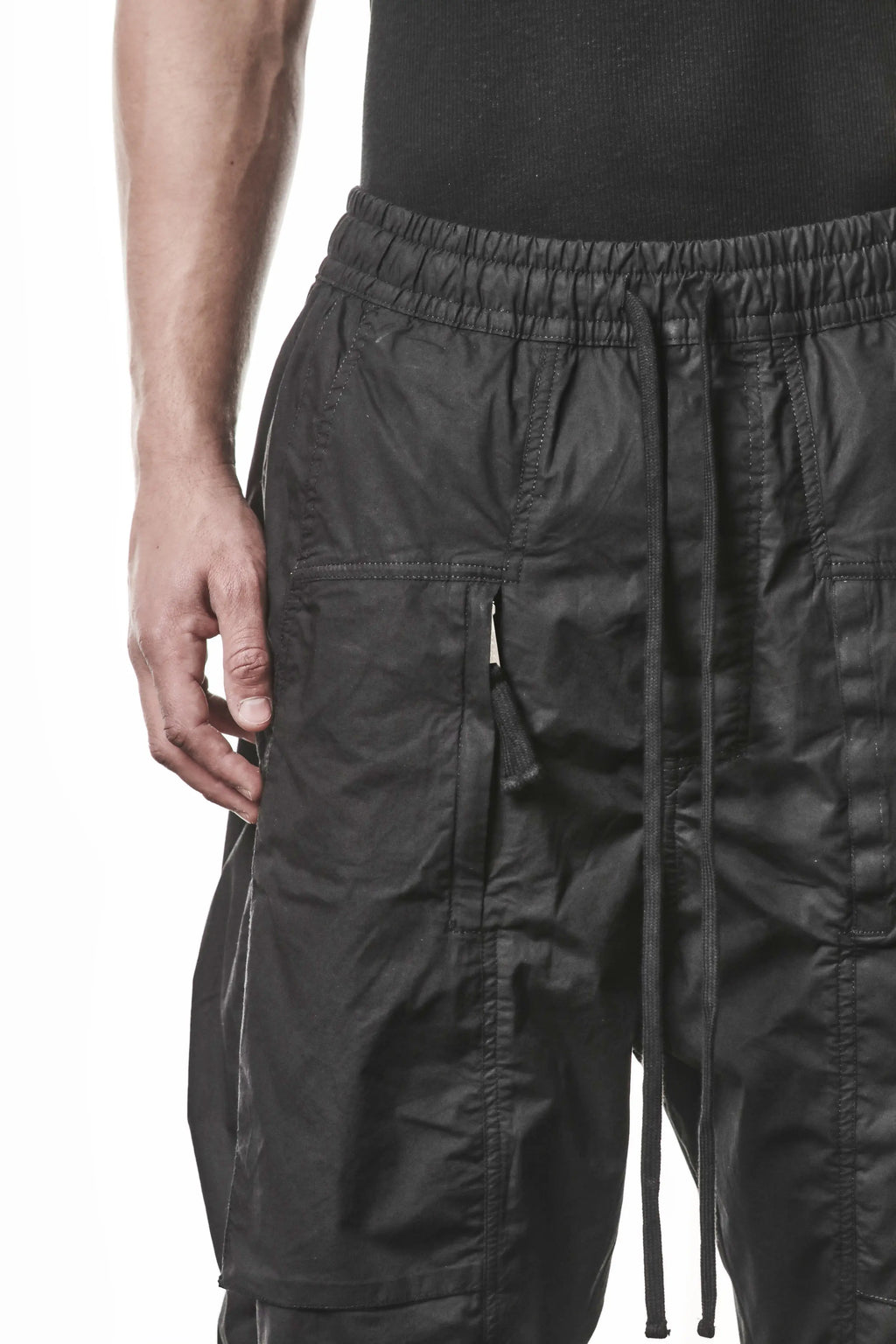 Thom Krom, Mens Pants, Black, Oversized, Wide-fit, Loose-fit, Large Front Pockets, Side Pockets, Back Pockets, Elasticated Waistband, Black Drawstring, Zip Pockets, YKK Zippers, Wide Ankles, Front Pockets Close-up. 