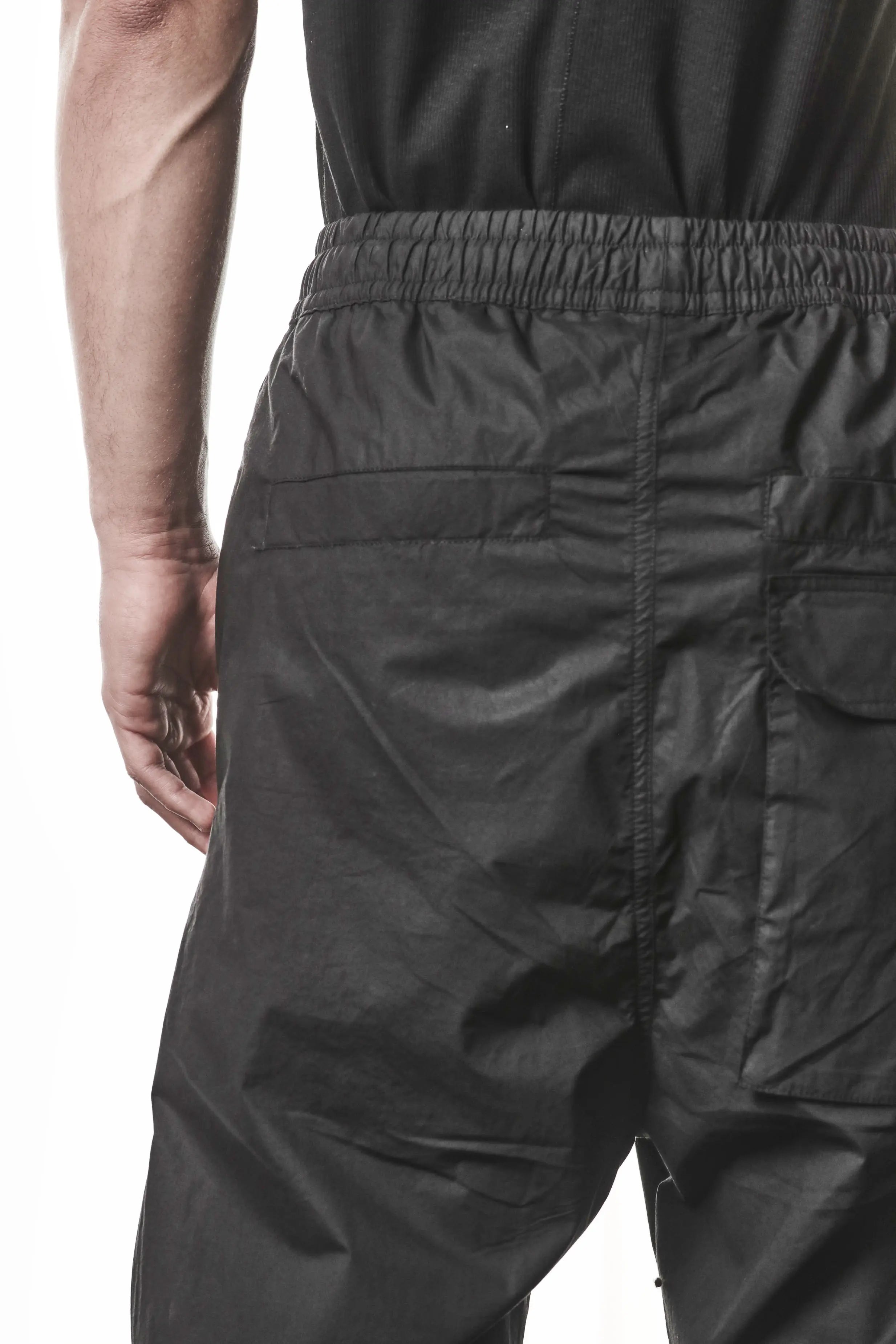 Thom Krom, Mens Pants, Black, Oversized, Wide-fit, Loose-fit, Large Front Pockets, Side Pockets, Back Pockets, Elasticated Waistband, Black Drawstring, Zip Pockets, YKK Zippers, Wide Ankles, Back Pockets Showcase. 