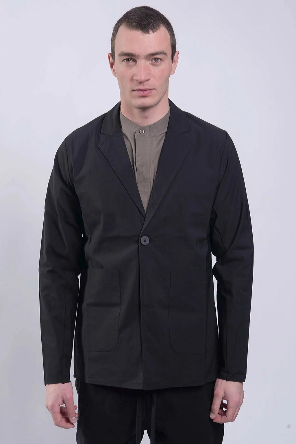 Thom Krom, Mens Blazer, Black, Button-Closure, V-Neck, Long Sleeves, Cotton, Polyamide, Elastane/Spandex, Bellows Pockets, Front Portrait. 