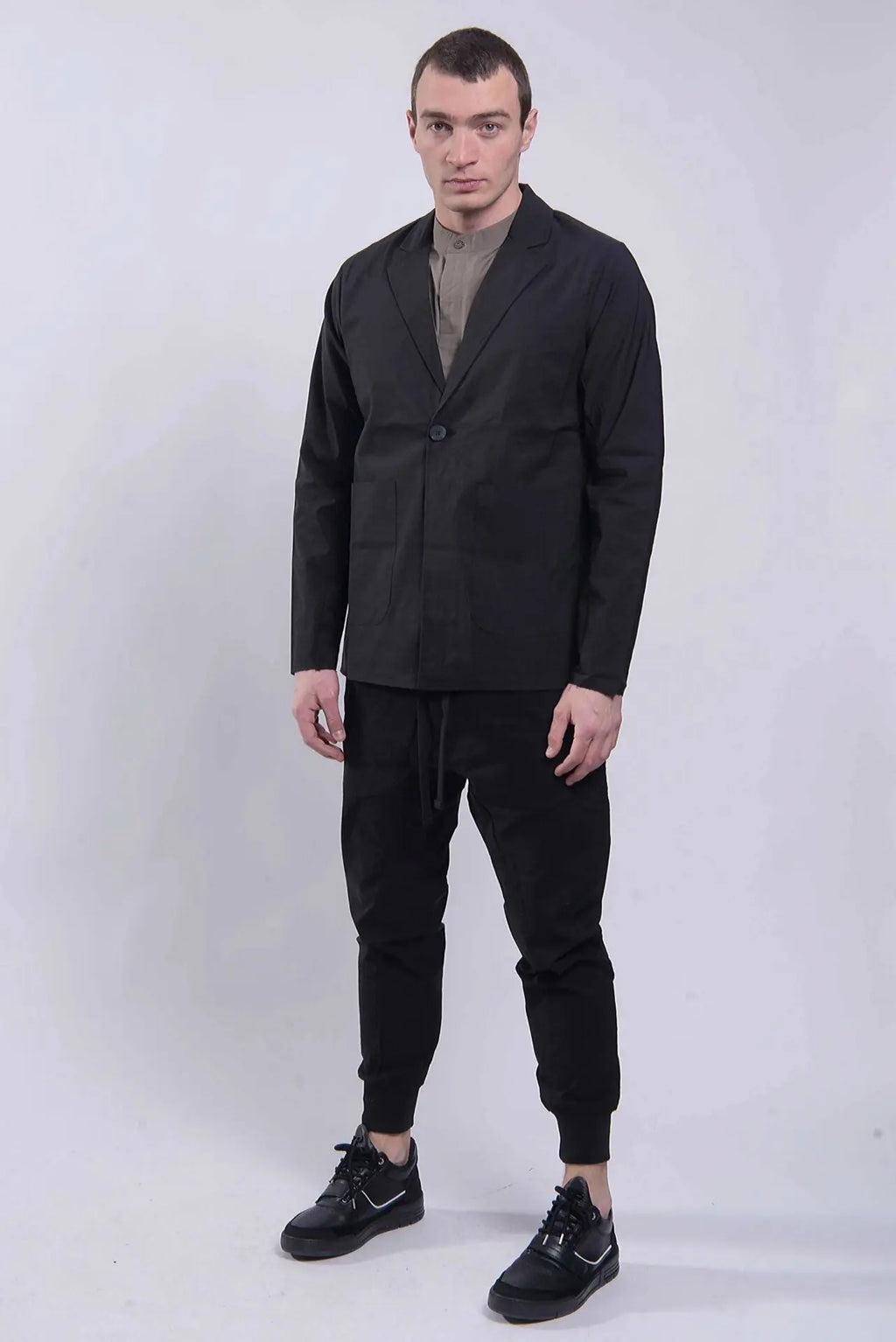 Thom Krom, Mens Blazer, Black, Button-Closure, V-Neck, Long Sleeves, Cotton, Polyamide, Elastane/Spandex, Bellows Pockets, Full Body Front View. 