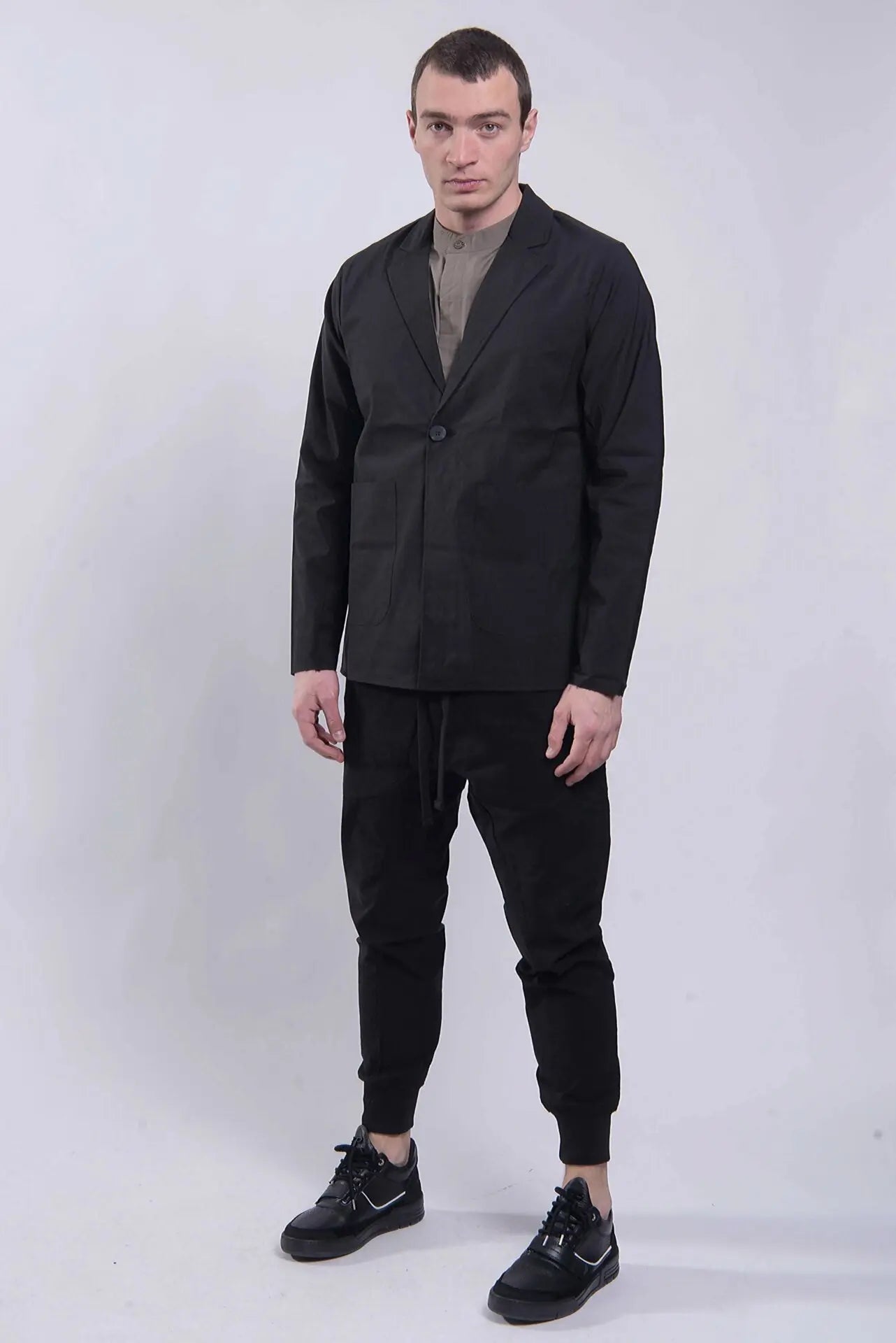 Thom Krom, Mens Blazer, Black, Button-Closure, V-Neck, Long Sleeves, Cotton, Polyamide, Elastane/Spandex, Bellows Pockets, Full Body Front View. 