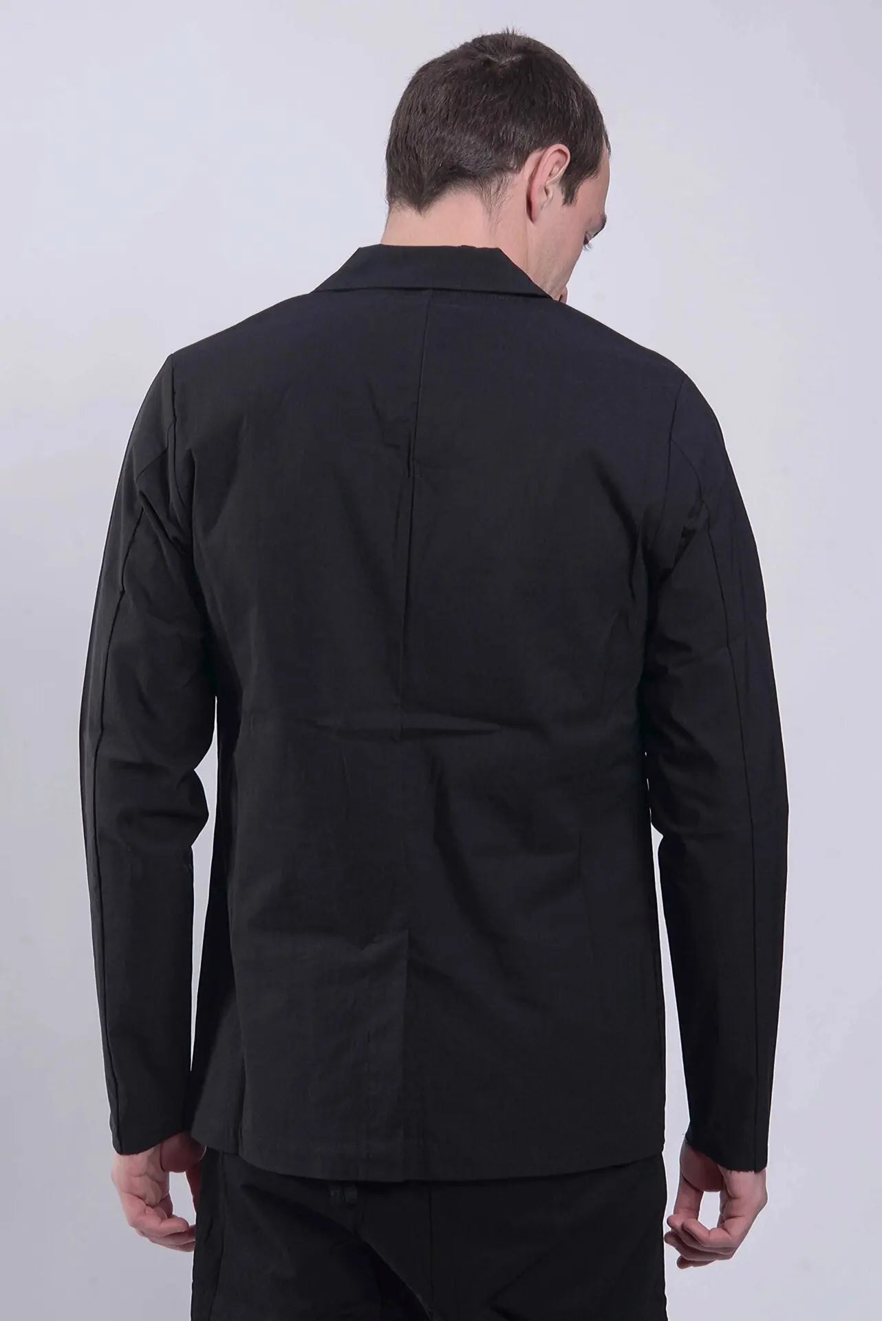 Thom Krom, Mens Blazer, Black, Button-Closure, V-Neck, Long Sleeves, Cotton, Polyamide, Elastane/Spandex, Bellows Pockets, Back Portrait. 