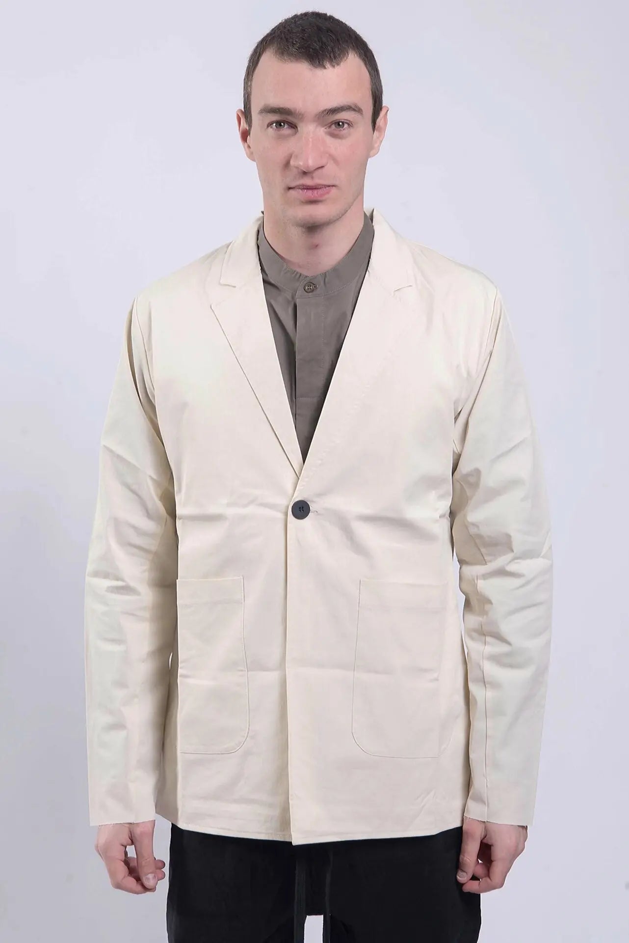 Thom Krom, Mens Blazer, Ivory, Button-Closure, V-Neck, Long Sleeves, Cotton, Polyamide, Elastane/Spandex, Bellows Pockets, Front Portrait. 