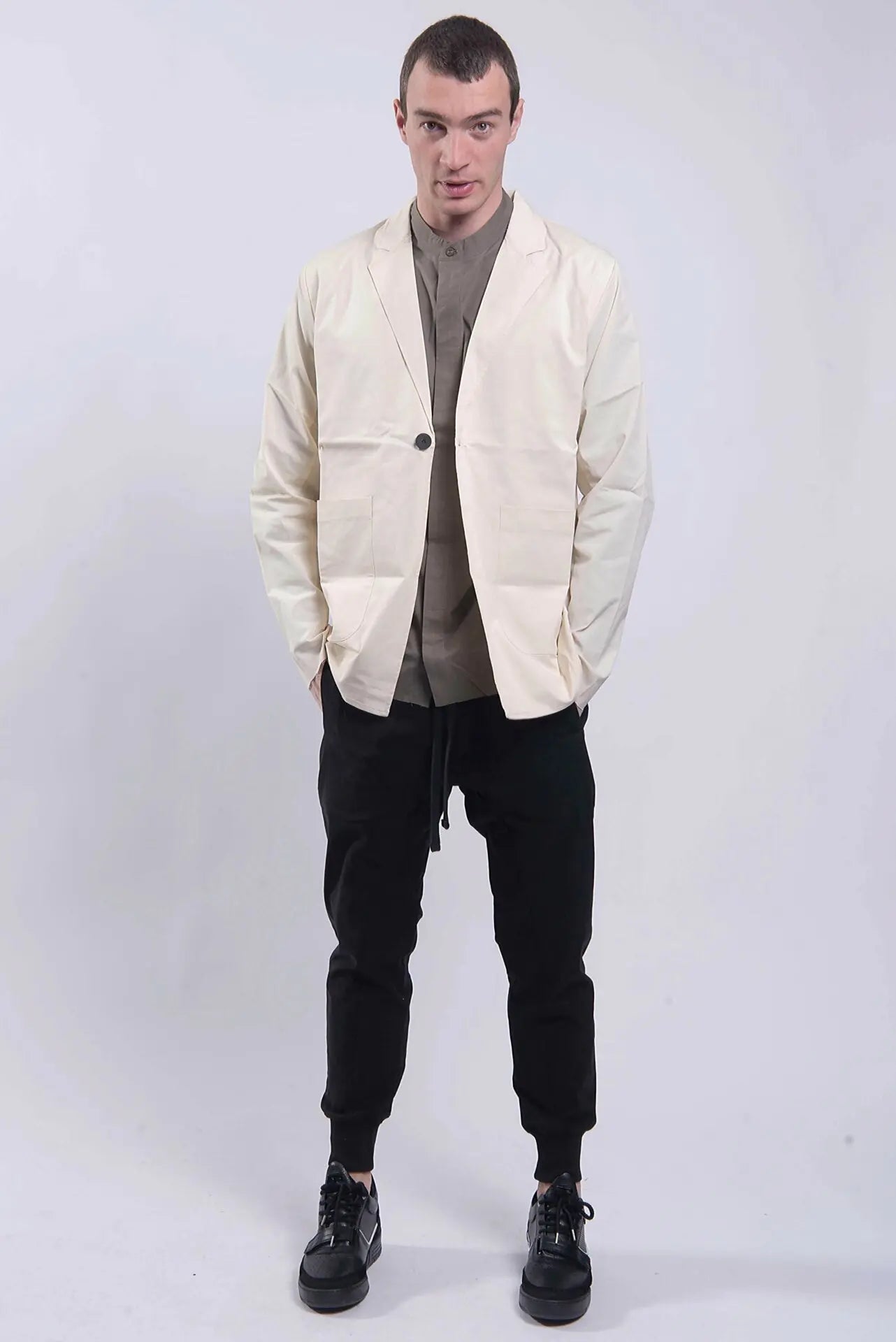 Thom Krom, Mens Blazer, Ivory, Button-Closure, V-Neck, Long Sleeves, Cotton, Polyamide, Elastane/Spandex, Bellows Pockets, Full Body Front View. 
