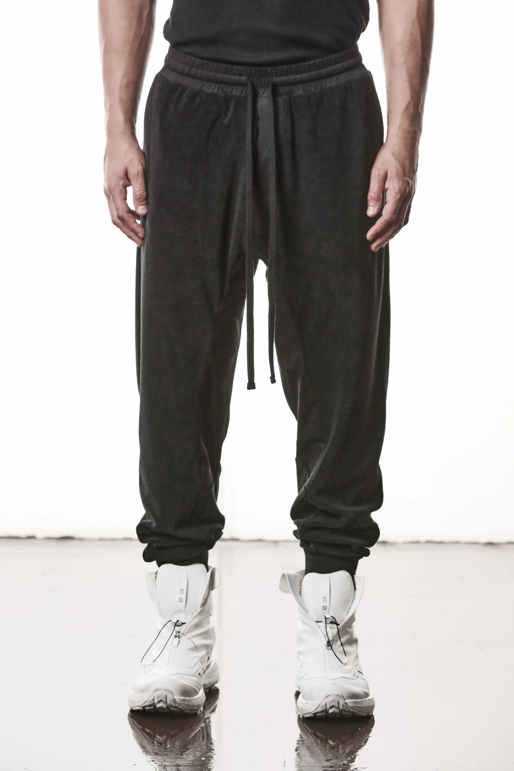 Thom Krom, Mens Pants, Black, Cotton Terry, Elasticated Waistband, Drawstring, Inserts, Side Pockets, Back Pockets, Ribbed Cuffs, The night is your friend, my love, Front Portrait. 