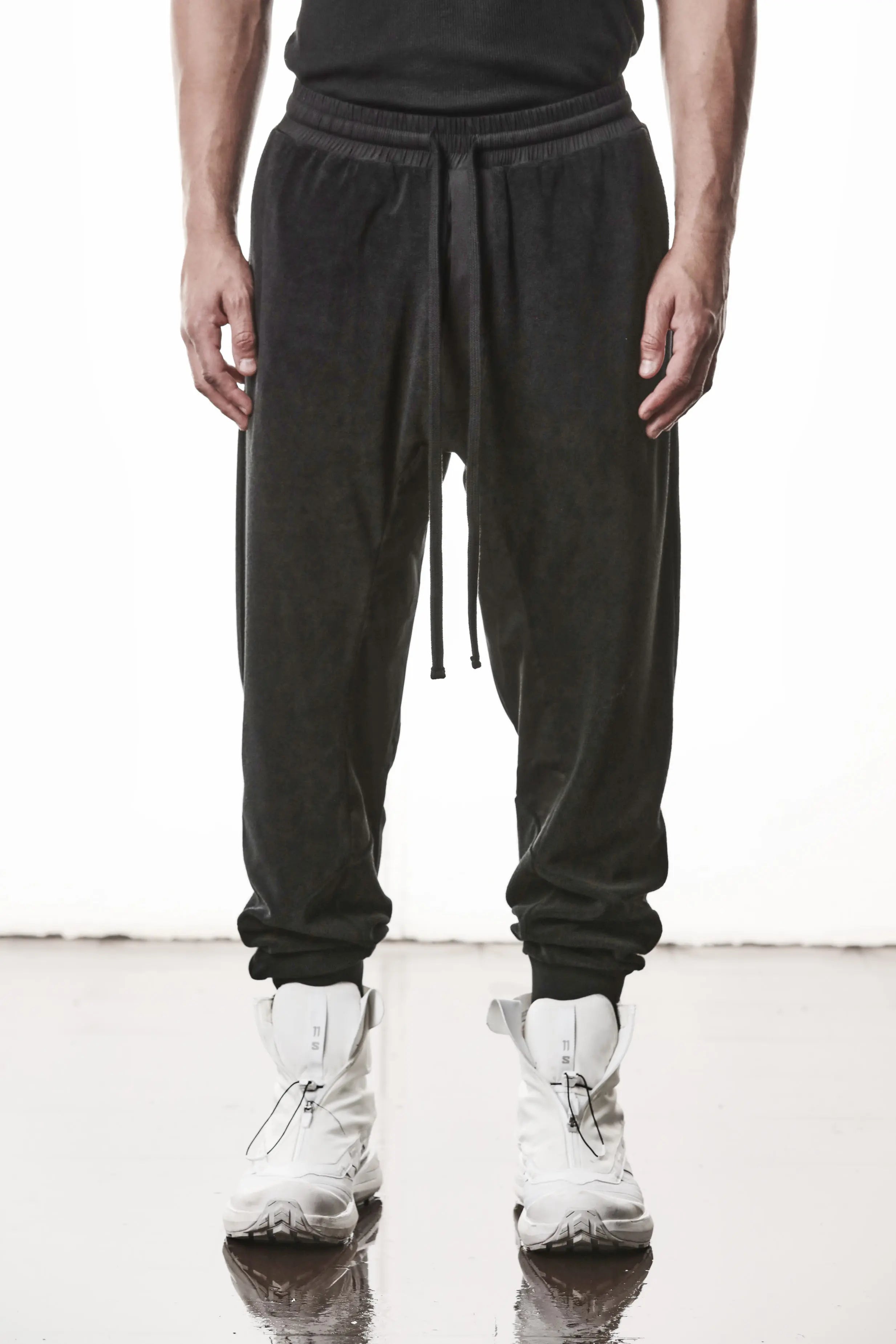 Thom Krom, Mens Pants, Black, Cotton Terry, Elasticated Waistband, Drawstring, Inserts, Side Pockets, Back Pockets, Ribbed Cuffs, The night is your friend, my love, Front Portrait. 