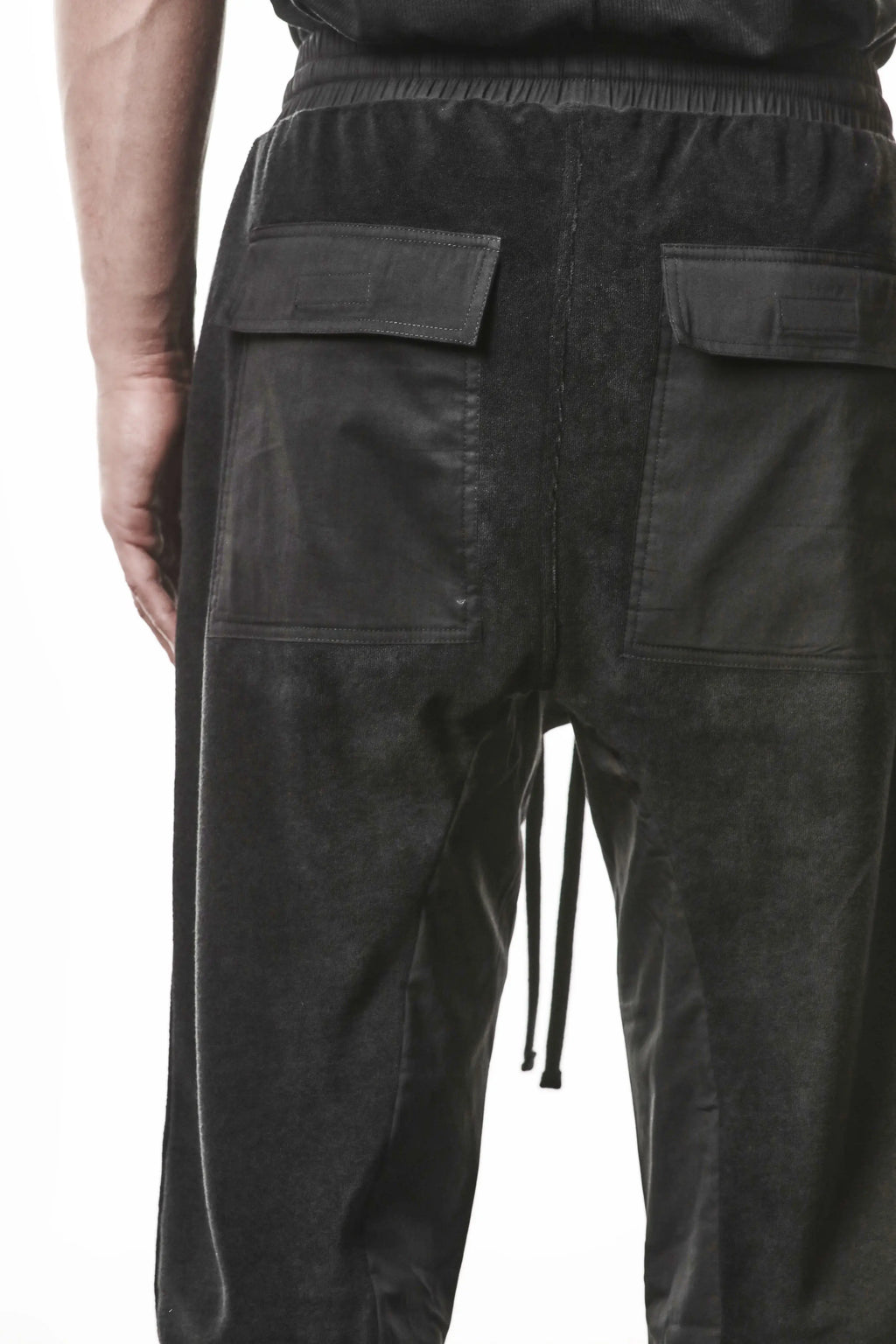 Thom Krom, Mens Pants, Black, Cotton Terry, Elasticated Waistband, Drawstring, Inserts, Side Pockets, Back Pockets, Ribbed Cuffs, The night is your friend, my love, Back Pockets Close-up. 
