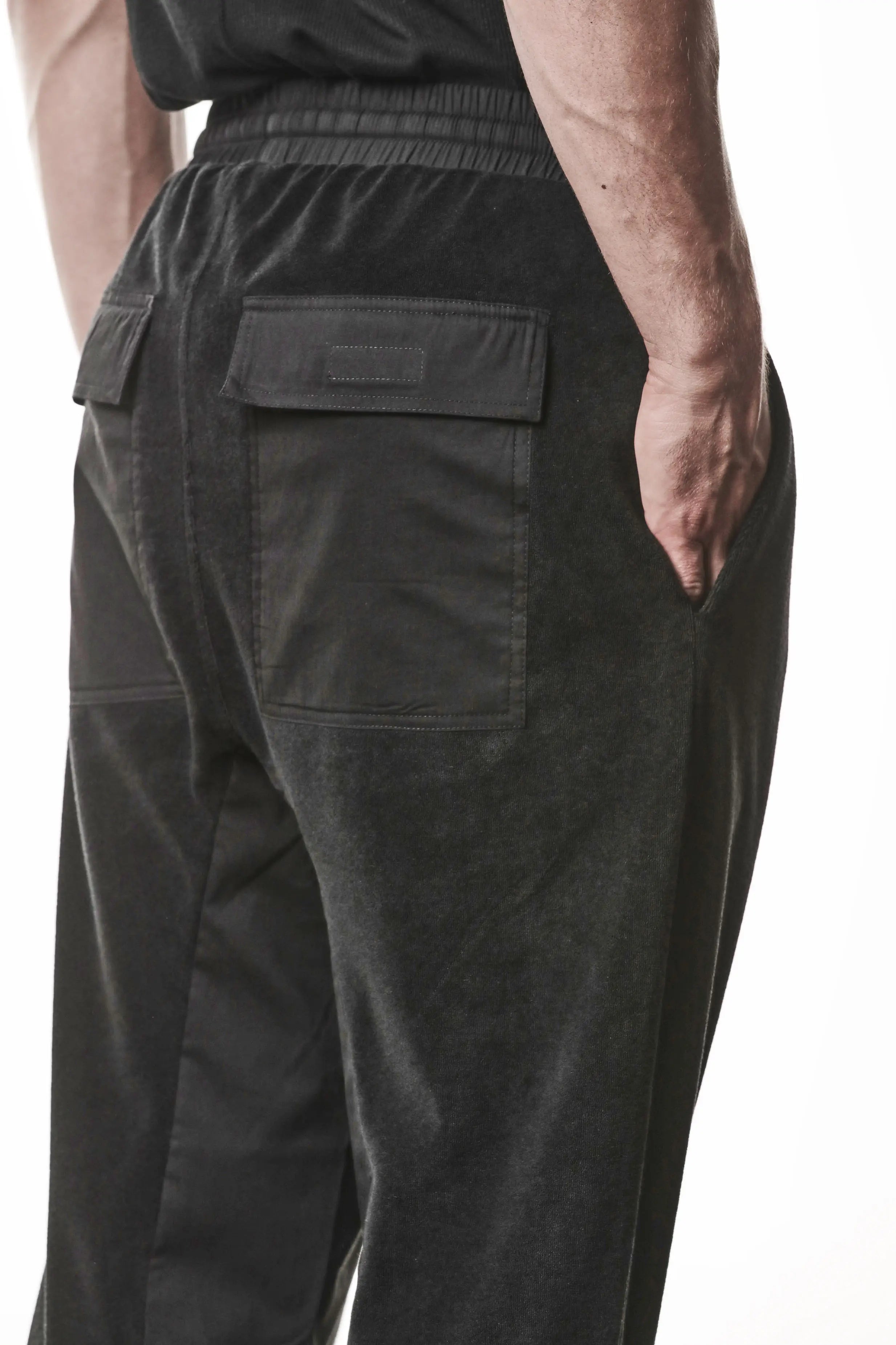 Thom Krom, Mens Pants, Black, Cotton Terry, Elasticated Waistband, Drawstring, Inserts, Side Pockets, Back Pockets, Ribbed Cuffs, The night is your friend, my love, Back 3/4 View Close-up. 