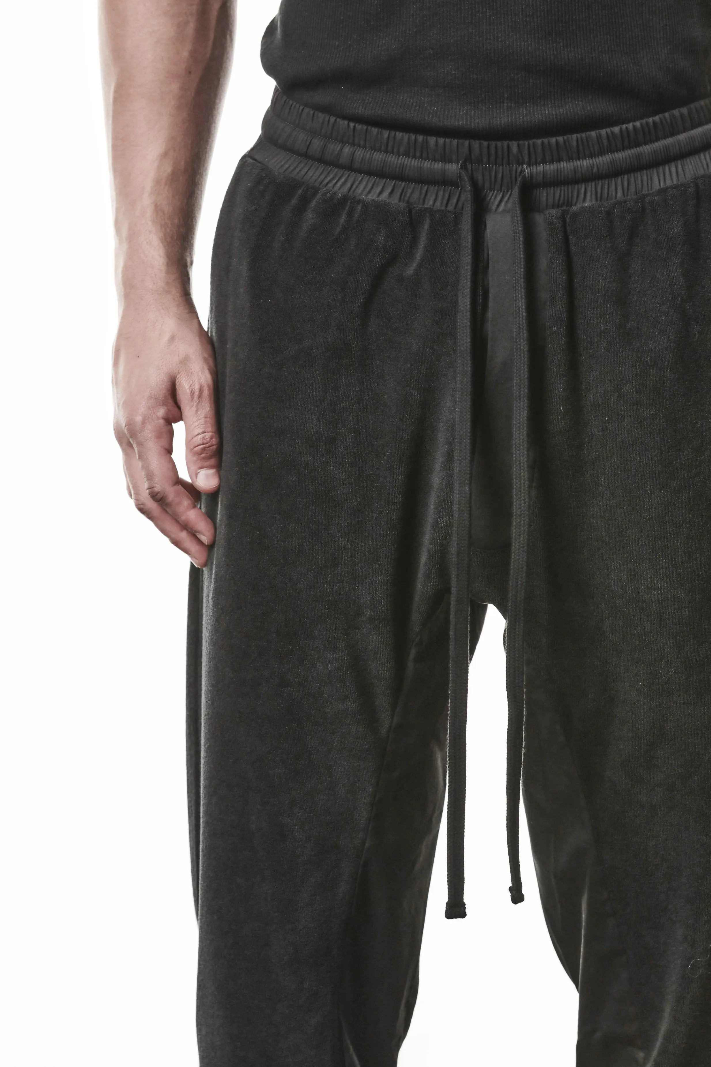 Thom Krom, Mens Pants, Black, Cotton Terry, Elasticated Waistband, Drawstring, Inserts, Side Pockets, Back Pockets, Ribbed Cuffs, The night is your friend, my love, Front View Close-up. 