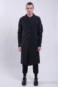 Thom Krom, Mens Coat, Black, Two-Button Closure, Sleeve Pocket, V-Neck, Bellows Pockets, Ribbed Cuffs, YKK Zipper, Full Body Front View. 