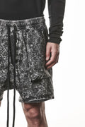 Thom Krom, Mens Shorts, Black Marble, Elasticated Waistband, Drawsting, Funtional Front and Side Pockets, YKK Zipper, Zip Fly, Wide-fit, Above the Knee, Hand over Bellows Pocket Close-up. 