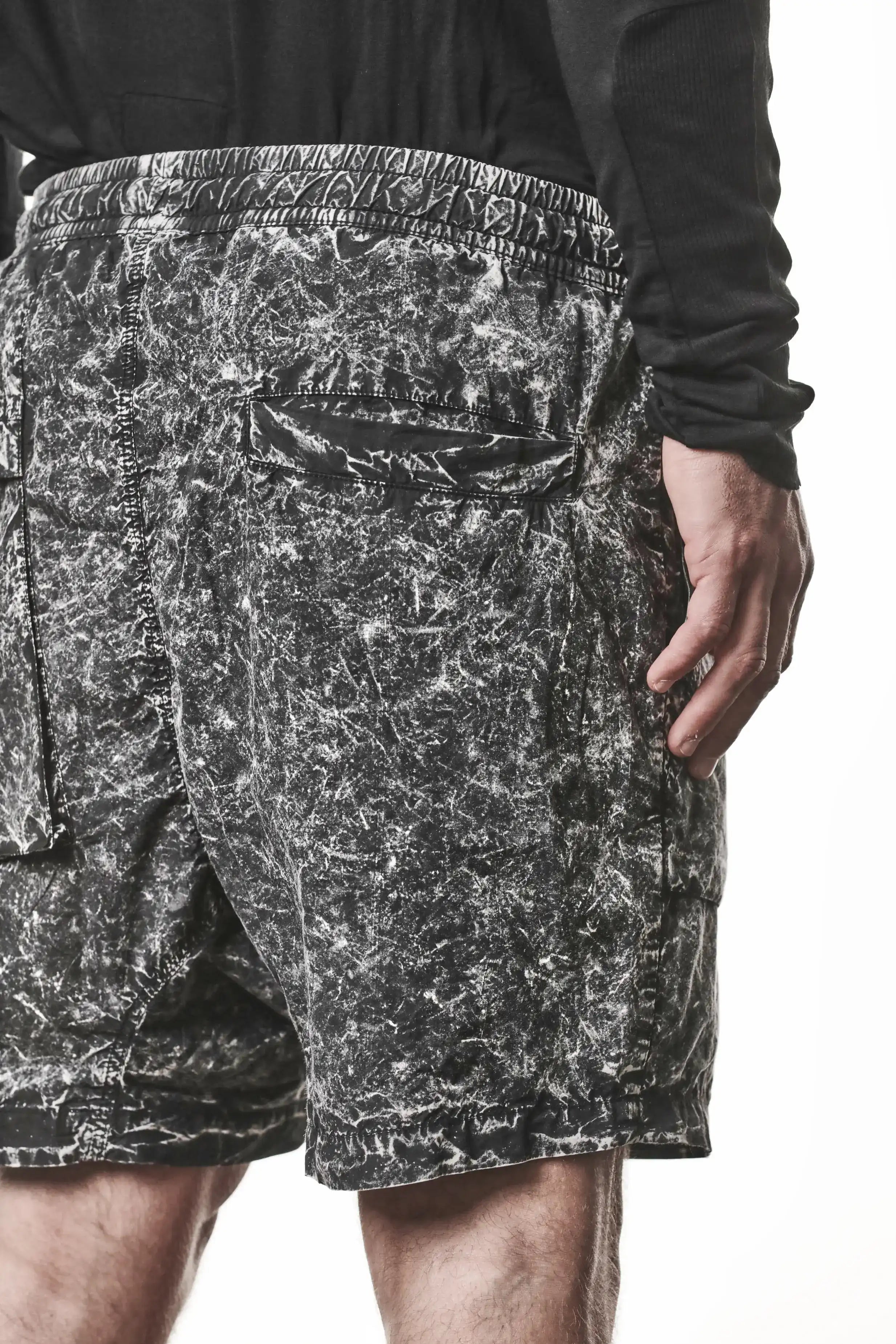 Thom Krom, Mens Shorts, Black Marble, Elasticated Waistband, Drawsting, Funtional Front and Side Pockets, YKK Zipper, Zip Fly, Wide-fit, Above the Knee, Back Pocket Showcase. 