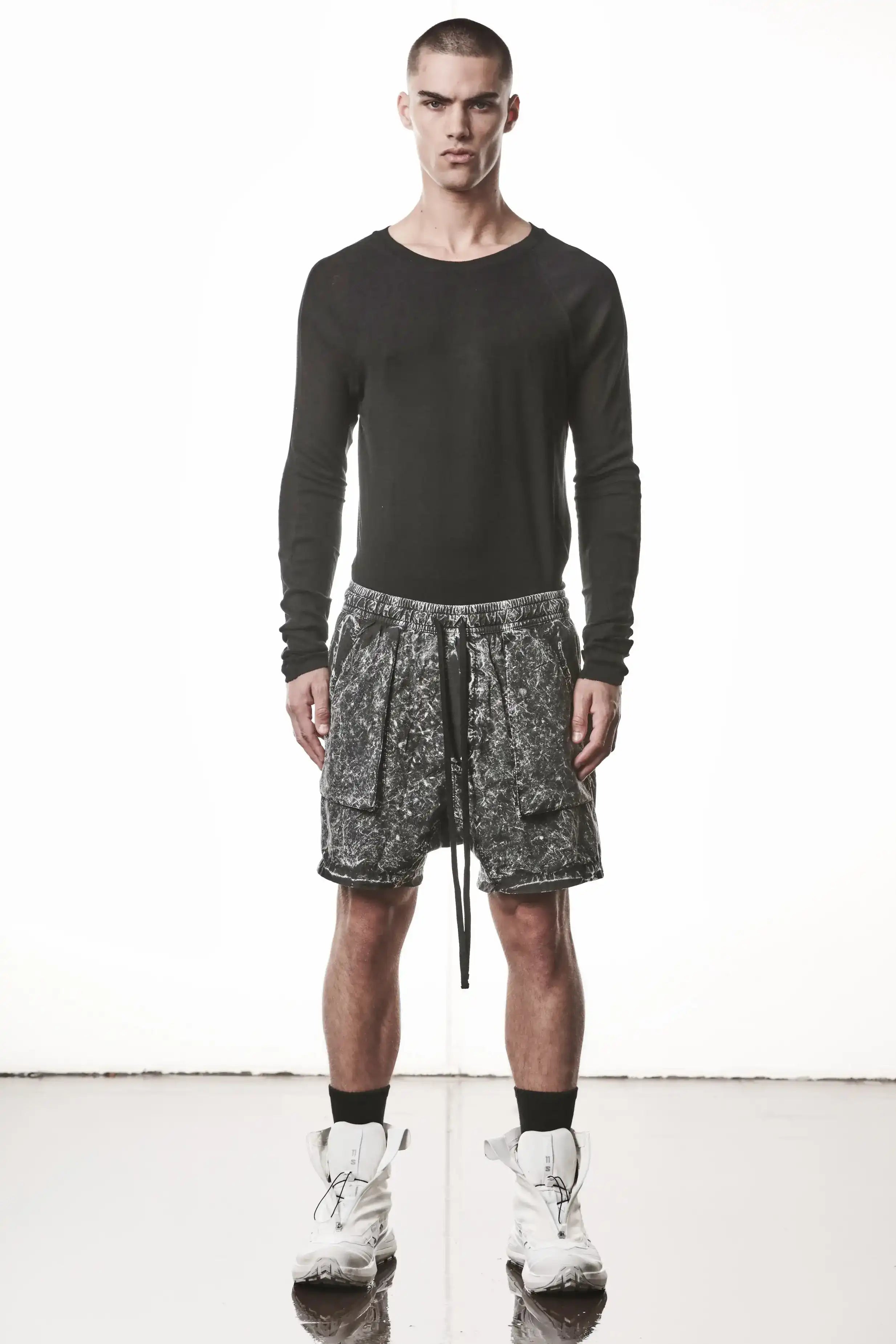 Thom Krom, Mens Shorts, Black Marble, Elasticated Waistband, Drawsting, Funtional Front and Side Pockets, YKK Zipper, Zip Fly, Wide-fit, Above the Knee, Full Body Front View. 