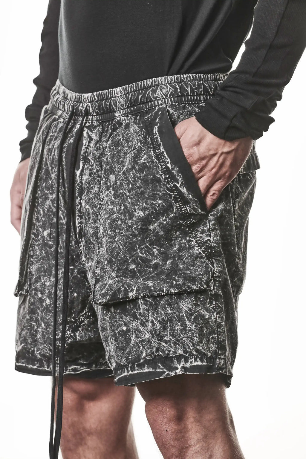 Thom Krom, Mens Shorts, Black Marble, Elasticated Waistband, Drawsting, Funtional Front and Side Pockets, YKK Zipper, Zip Fly, Wide-fit, Above the Knee, Hand in Pocket Showcase. 