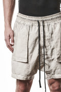 Thom Krom, Mens Shorts, Vegetal Stone, Beige, Elasticated Waistband, Drawsting, Funtional Front and Side Pockets, YKK Zipper, Zip Fly, Wide-fit, Above the Knee, Front Pockets Close-up. 