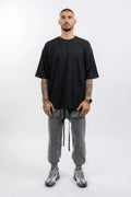 Thom Krom,Mens T-Shirt,Black,Oversized Fit,Round Crewneck,Embroidered Logo On The Back,Print At Backside,Straight Hemline,Folded Hems,Soft Strong Modal Jersey,Front View.